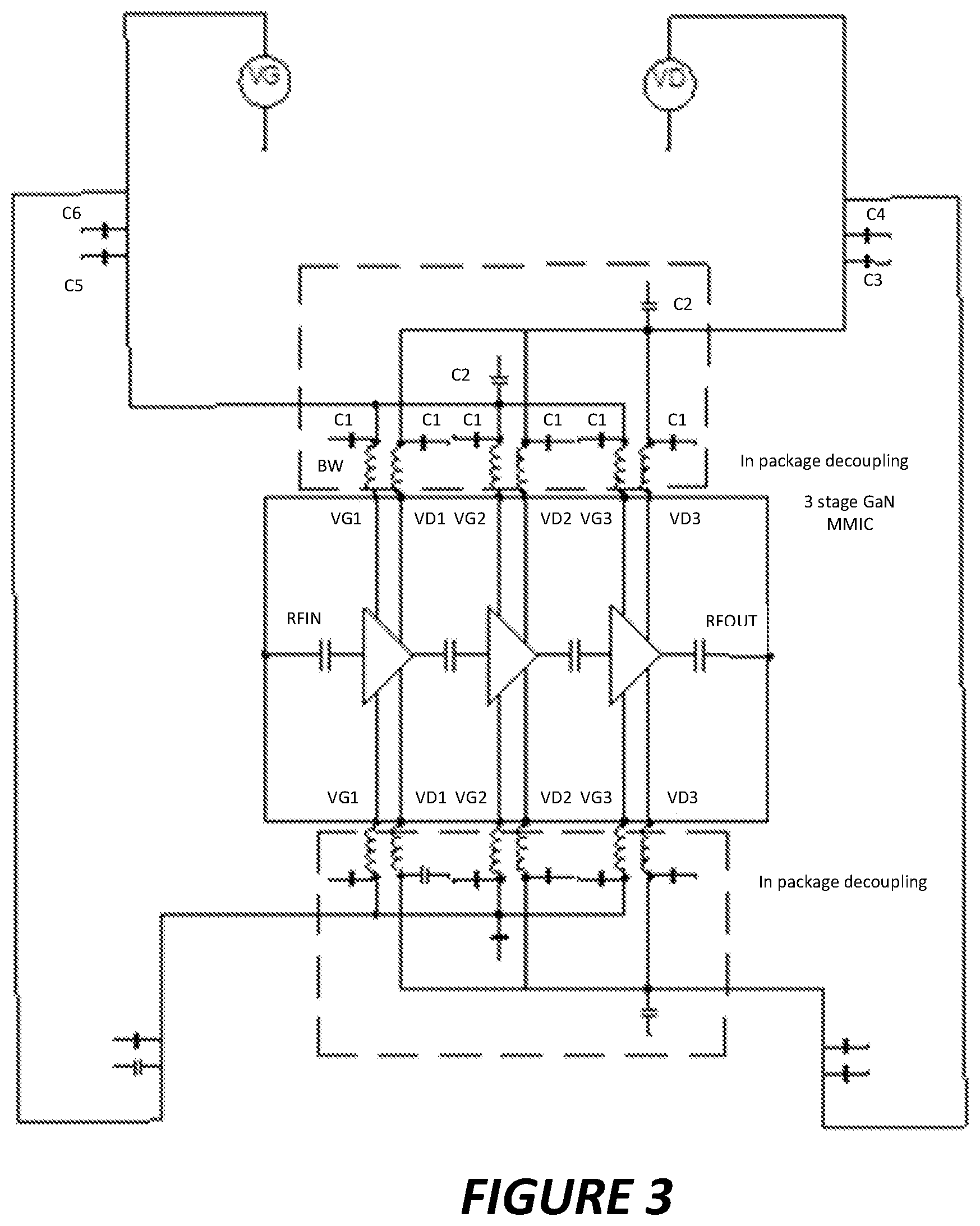 Patent US12155356 Figure 3 – Monolithic microwave integrated circuit device with internal decoupling capacitor