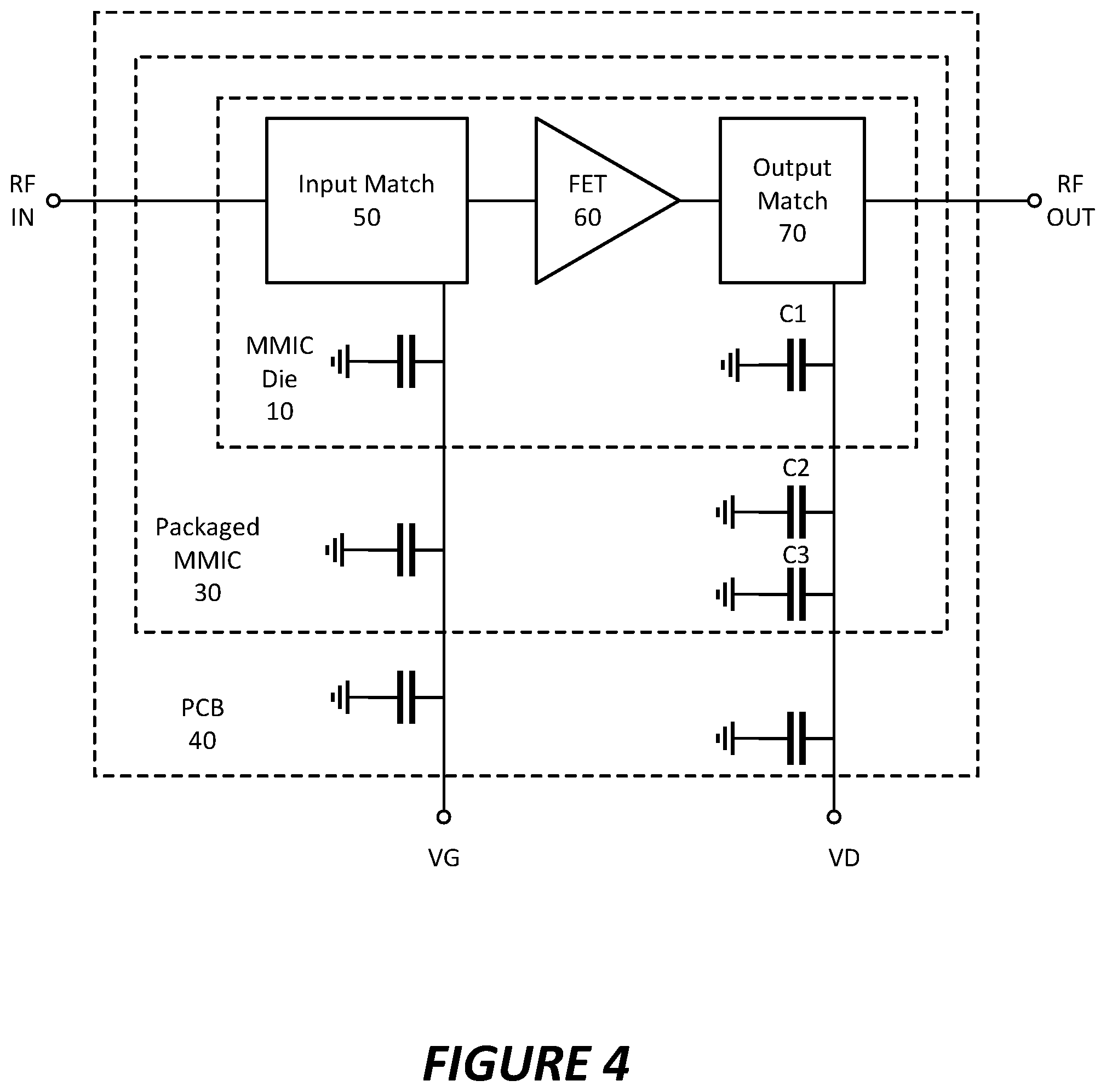 Patent US12155356 Figure 4 – Monolithic microwave integrated circuit device with internal decoupling capacitor