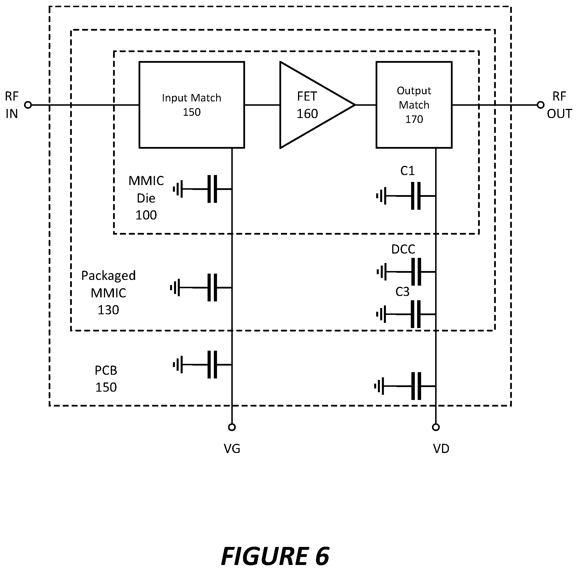 Patent US12155356 Figure 6 – Monolithic microwave integrated circuit device with internal decoupling capacitor