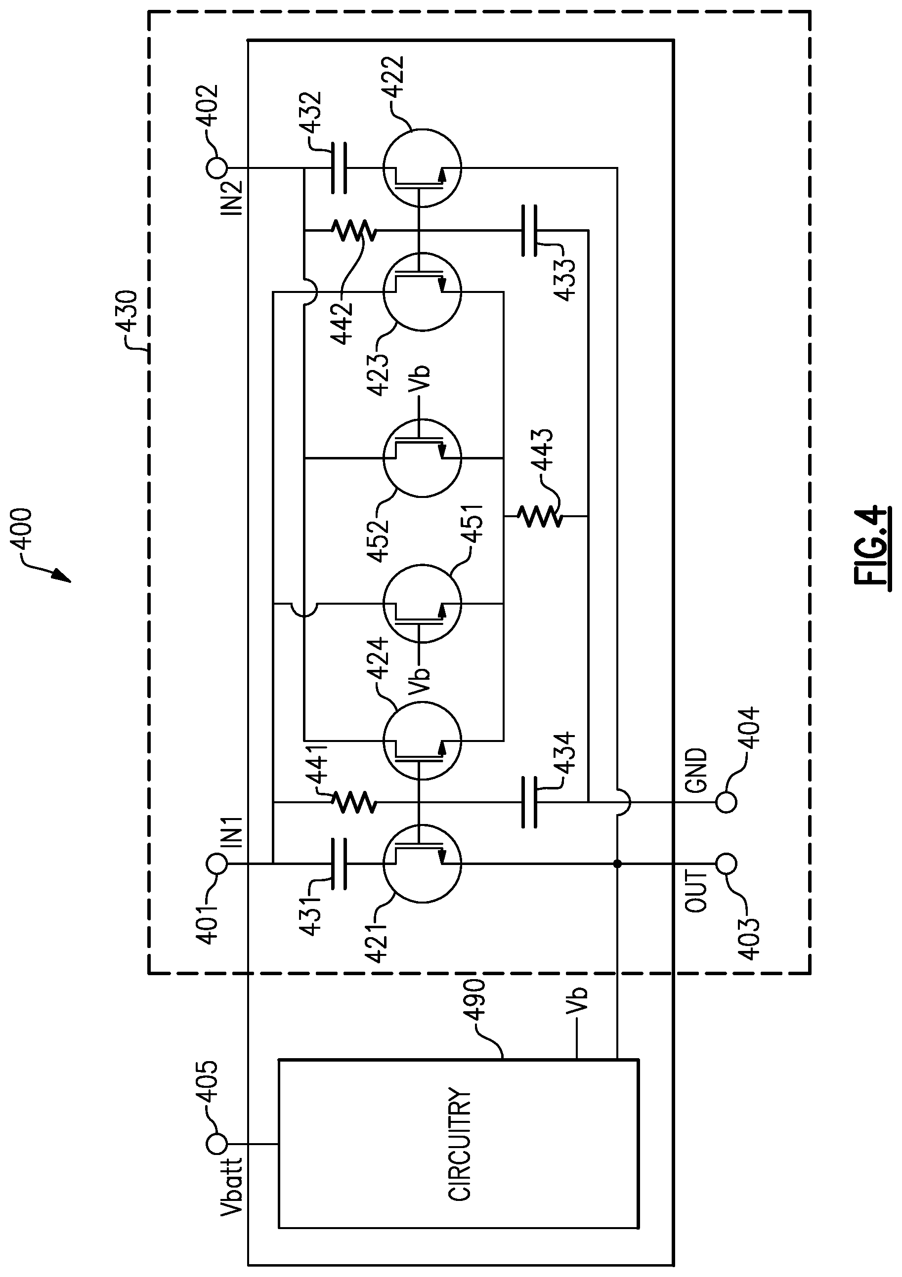 Patent US12155357 Figure 4 – Devices and methods related to unpowered switching module