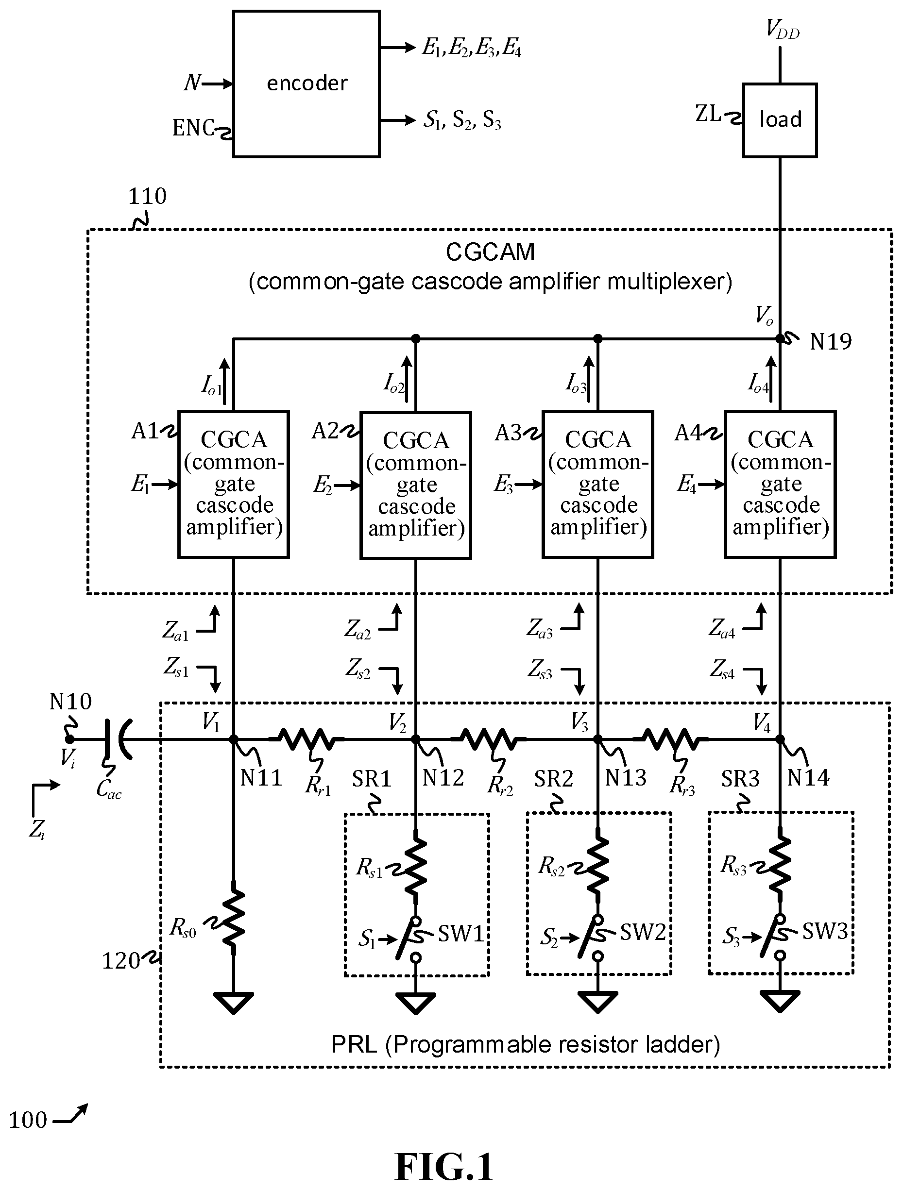 Patent US12155360 Figure 1 – Programmable gain amplifier with impedance matching and reverse isolation