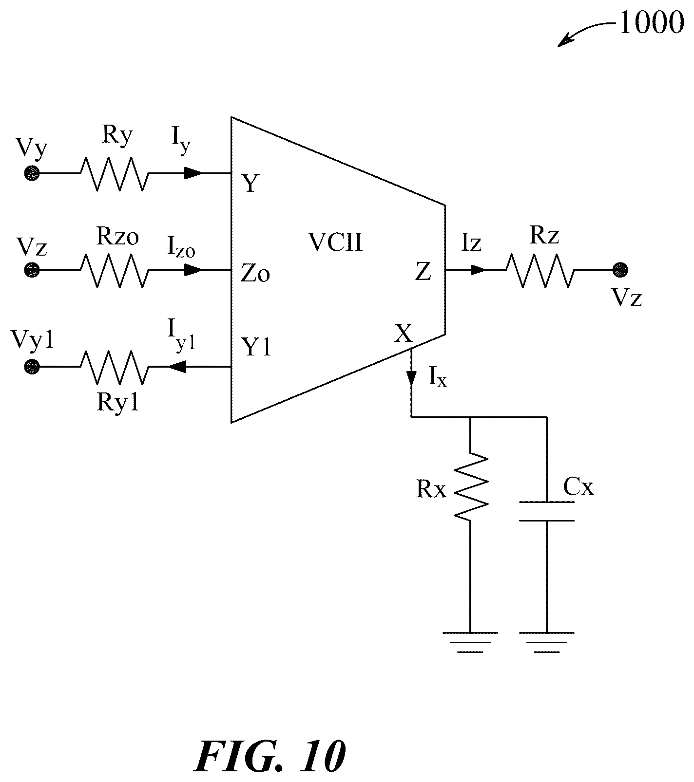 Patent US12155361 Figure 10 – VCII based tunable positive and negative impedance simulator and impedance multiplier