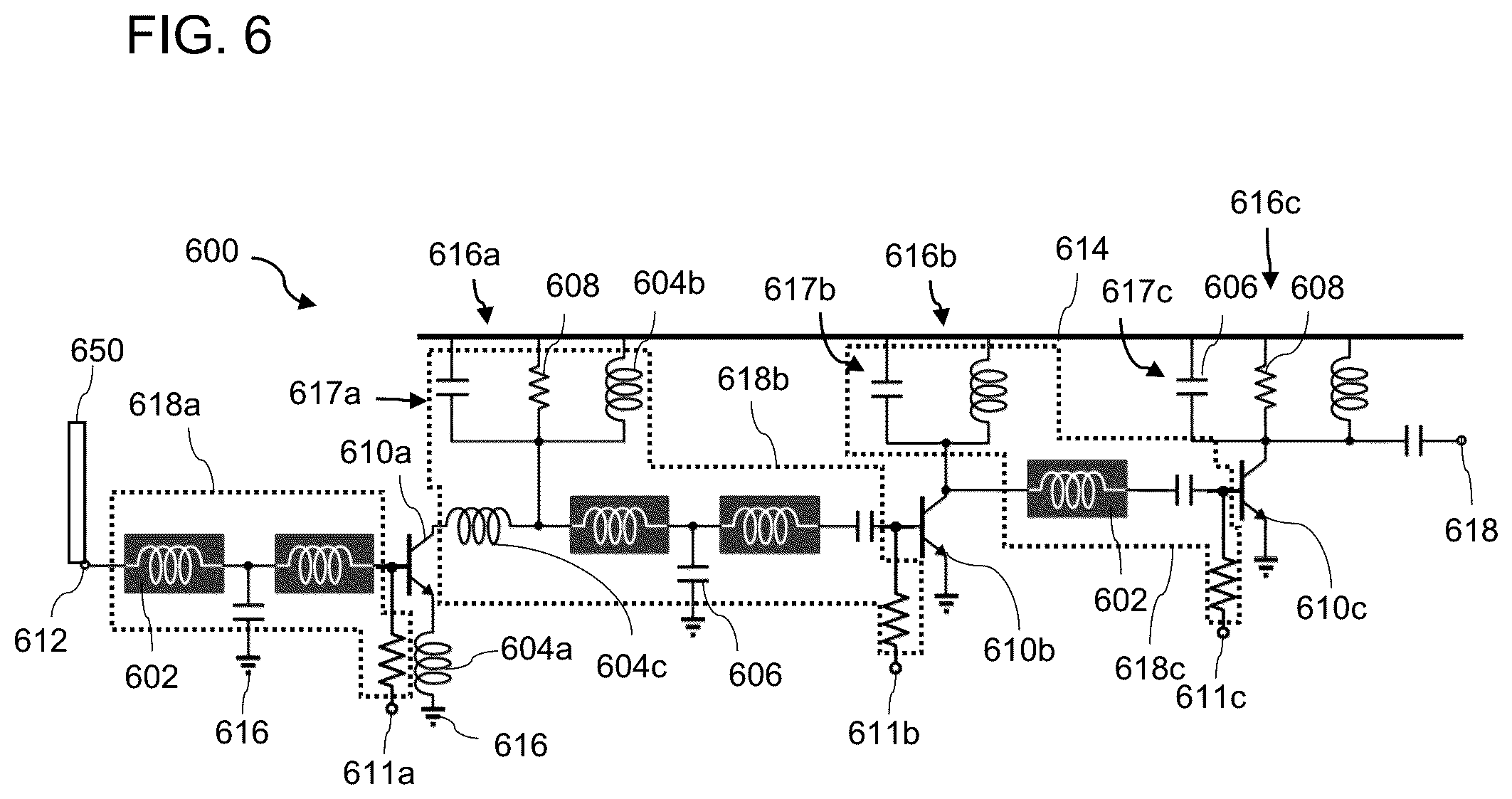 Patent US12155363 Figure 6 – Circuit device including an impedance matching network having at least one inductor formed by a film of superconductor material exhibiting kinetic sheet inductance