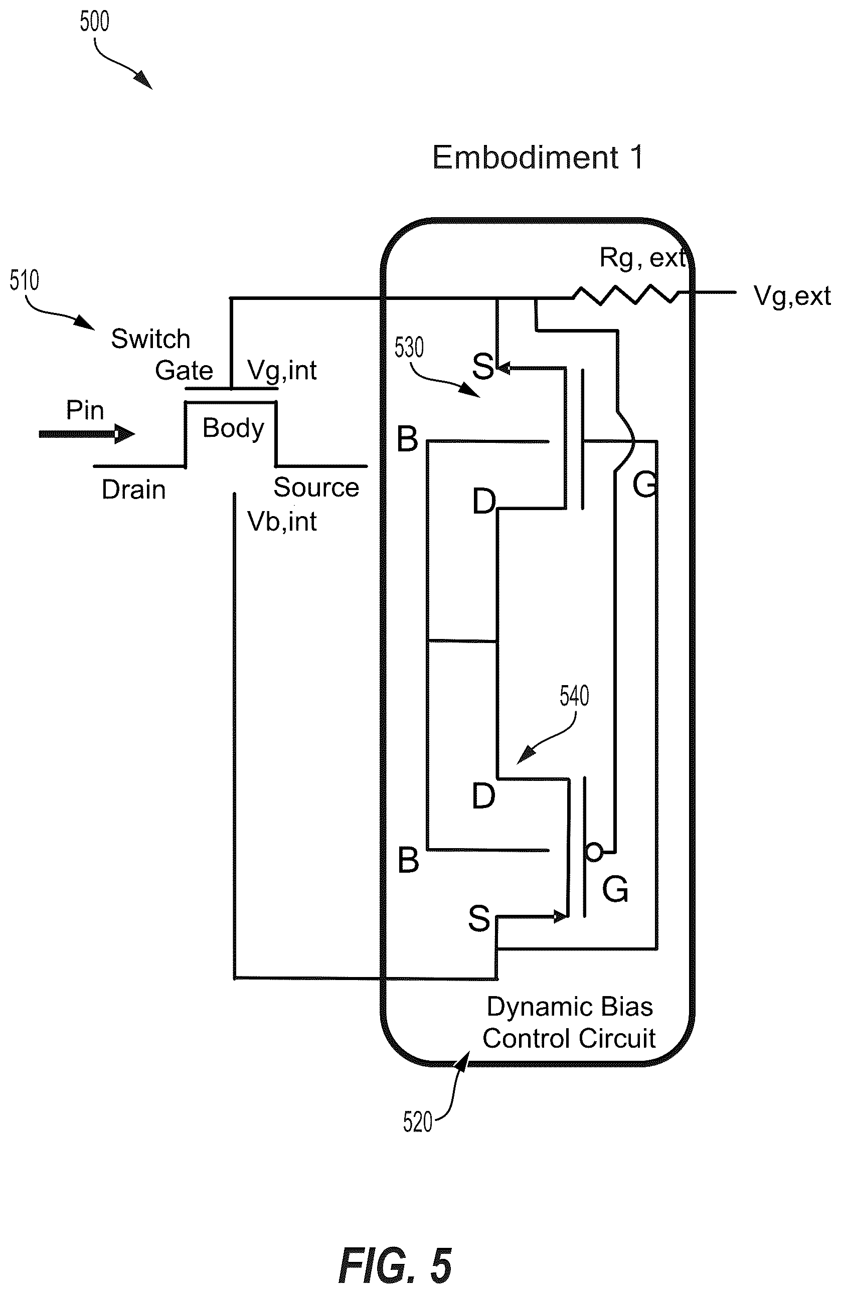 Patent US12155381 Figure 5 – Dynamic body biasing for radio frequency (RF) switch