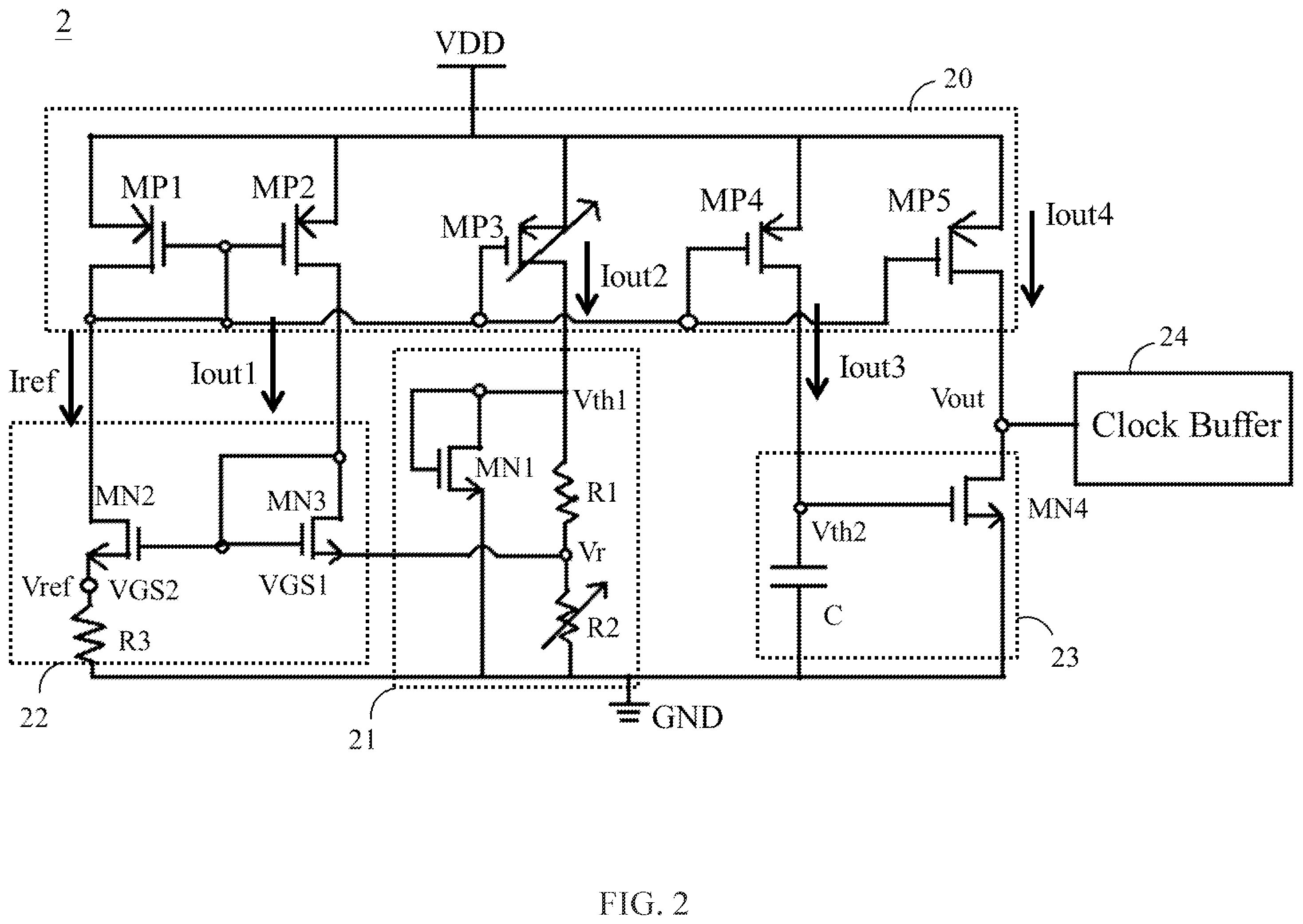 Patent US12155387 Figure 2 – Low power oscillator circuit with temperature compensation circuit and electronic apparatus thereof