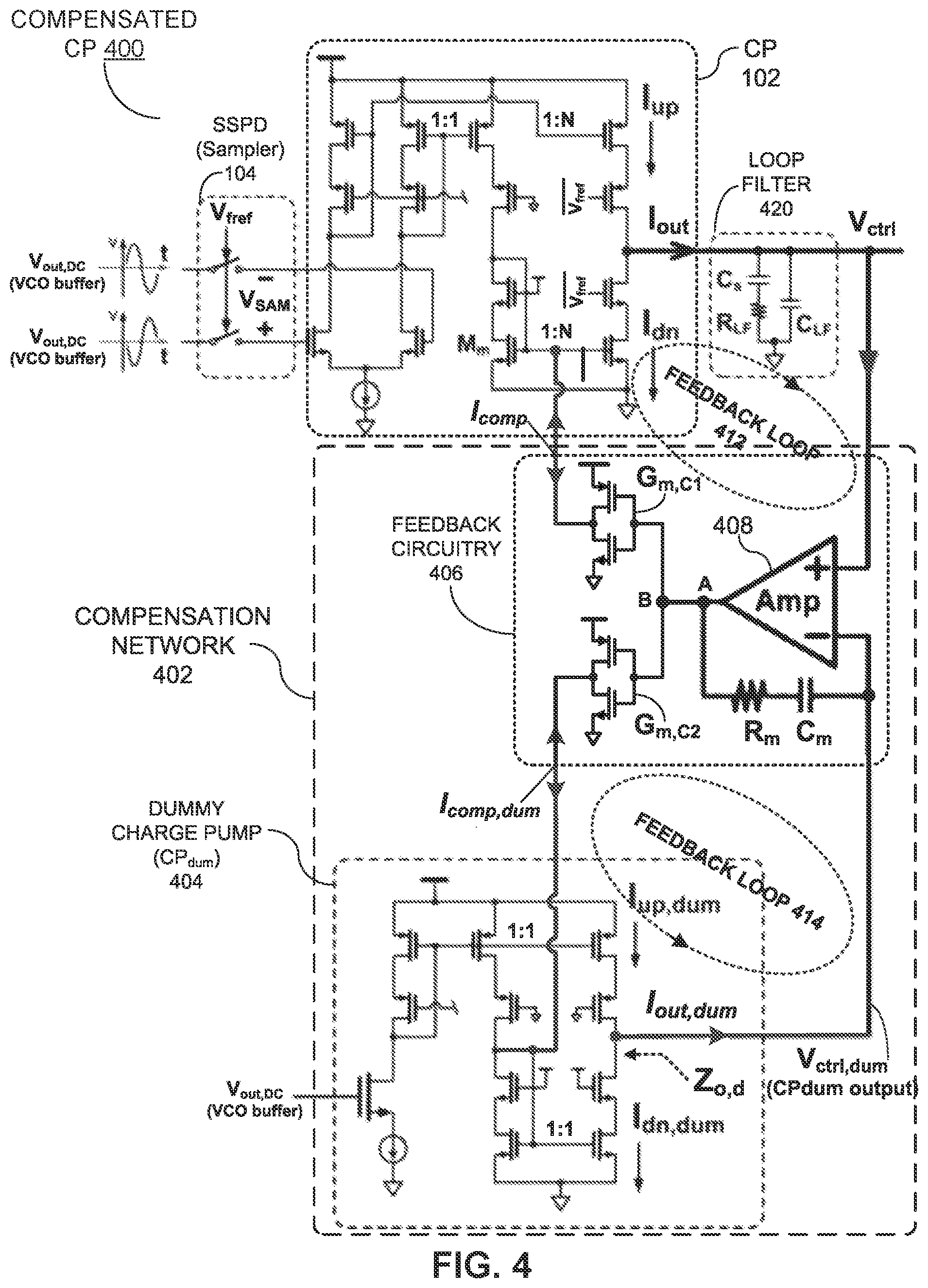 Patent US12155392 Figure 4 – Current-mismatch compensated charge pump for phase-locked loop applications