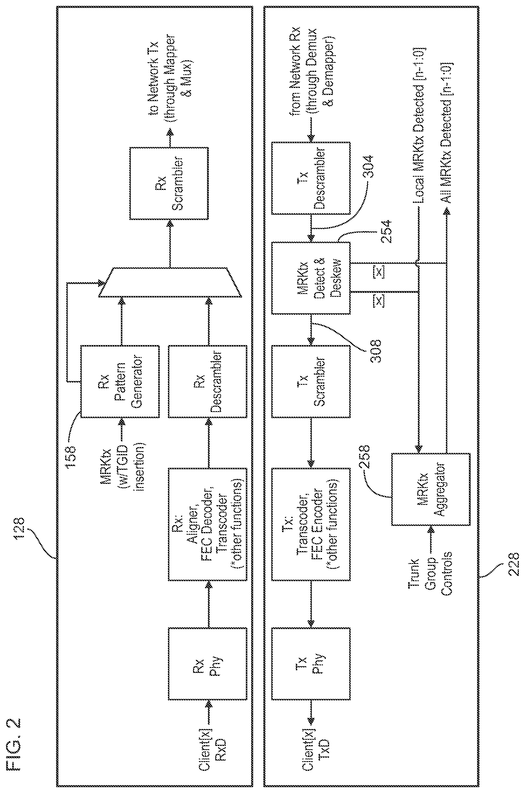 Patent US12155418 Figure 2 – Non-intrusive deskew of trunked clients in an optical network transport system