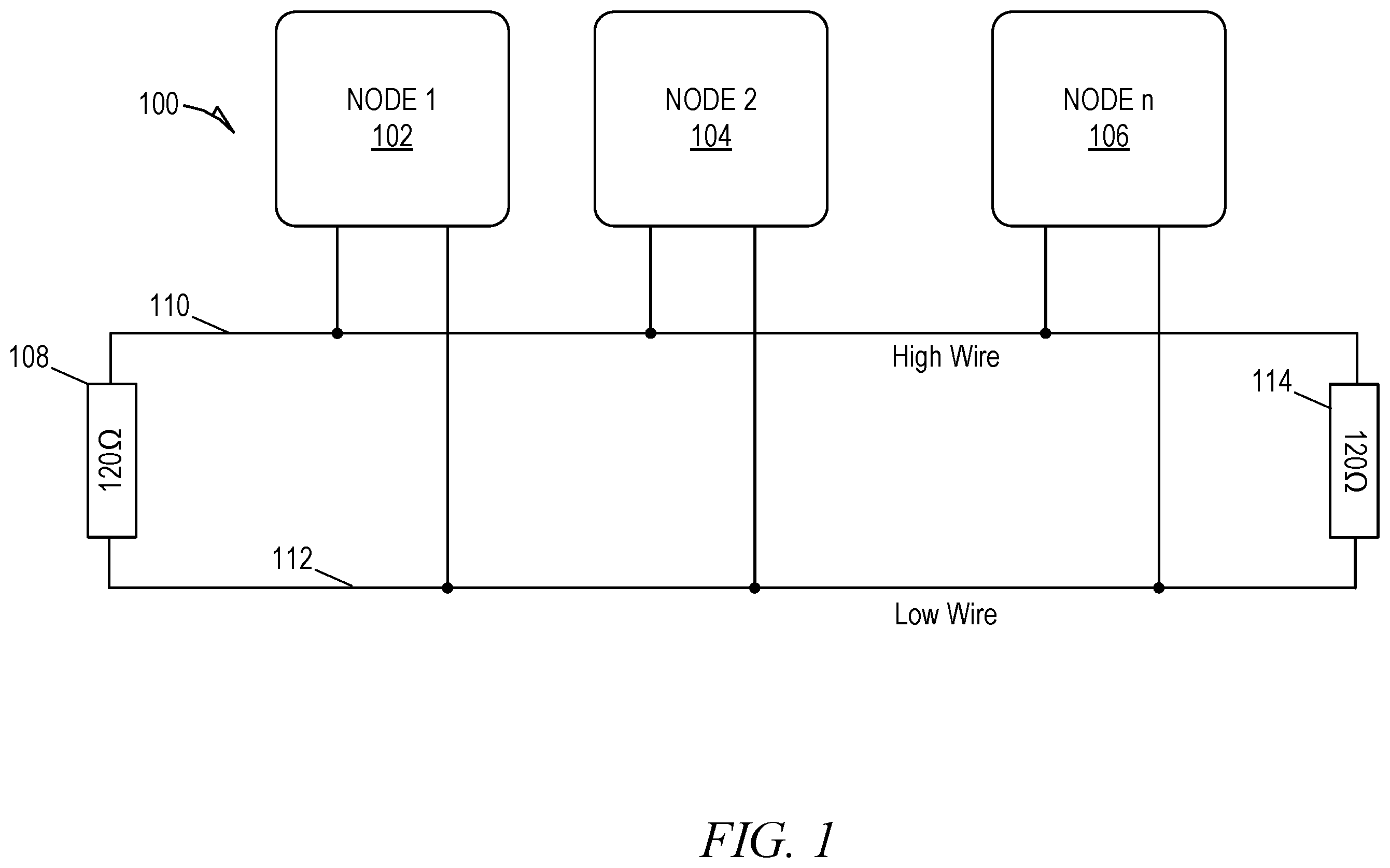 Patent US12155505 Figure 1 – Variable termination in a vehicle communication bus
