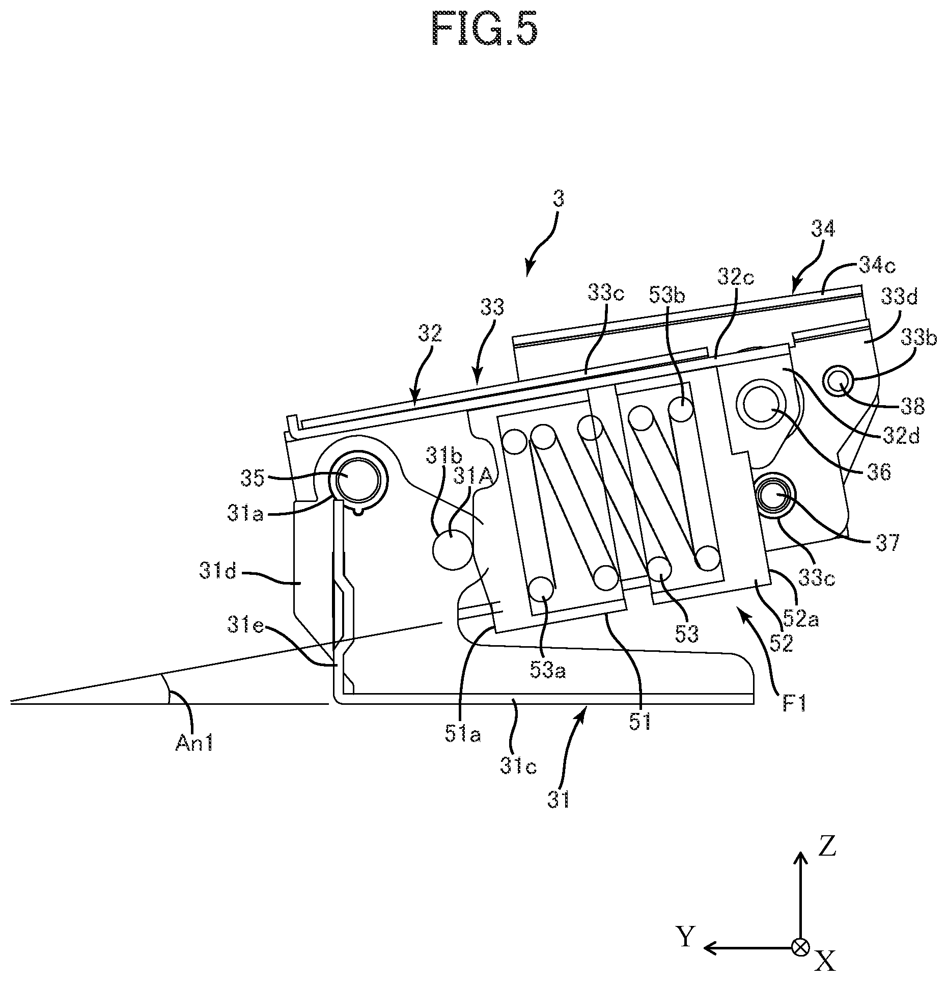 Patent US12155800 Figure 5 – Document reading apparatus and image forming apparatus including hinge mechanism that supports a document conveyance unit