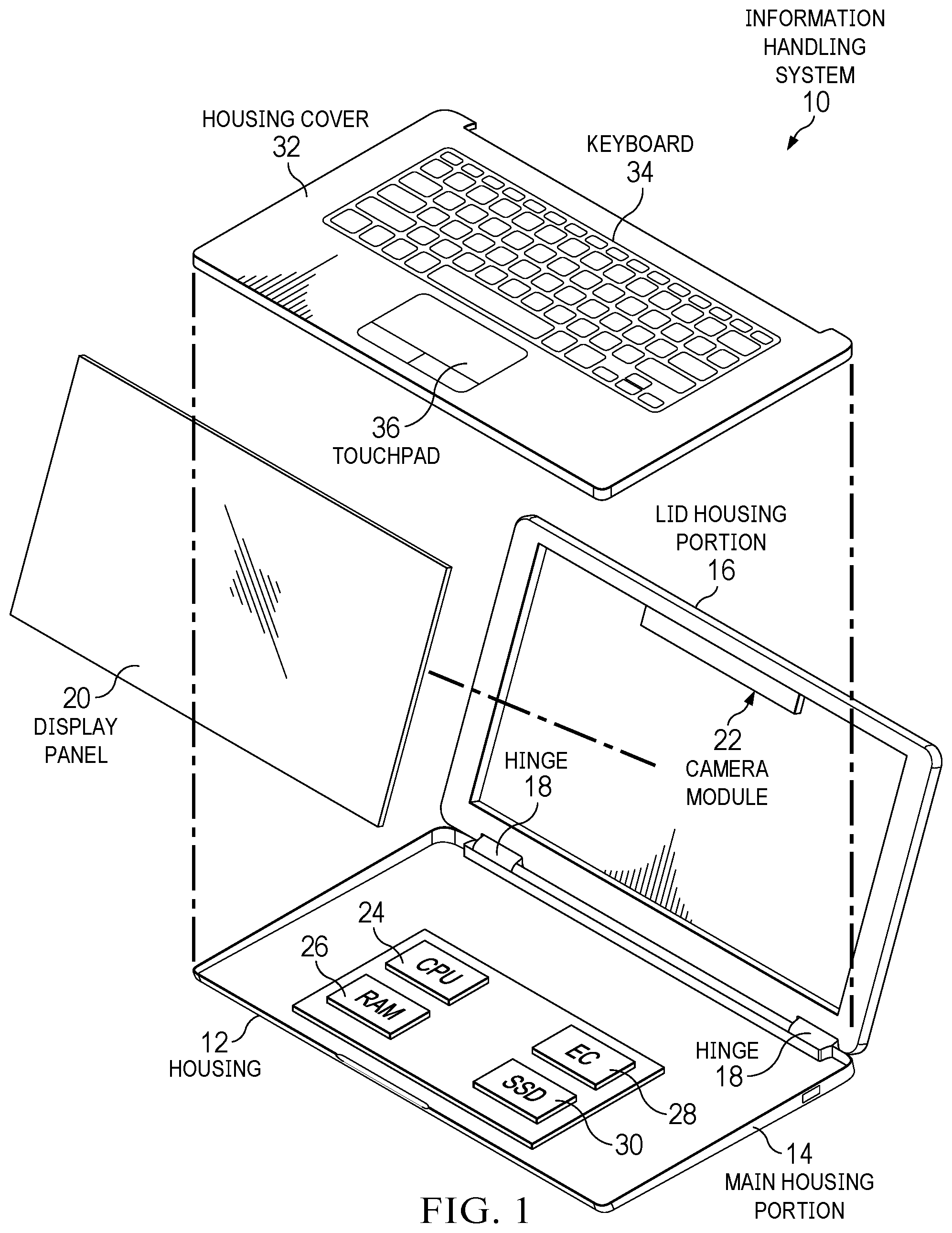 Patent US12155939 Figure 1 – Information handling system floating camera shutter with adaptive height