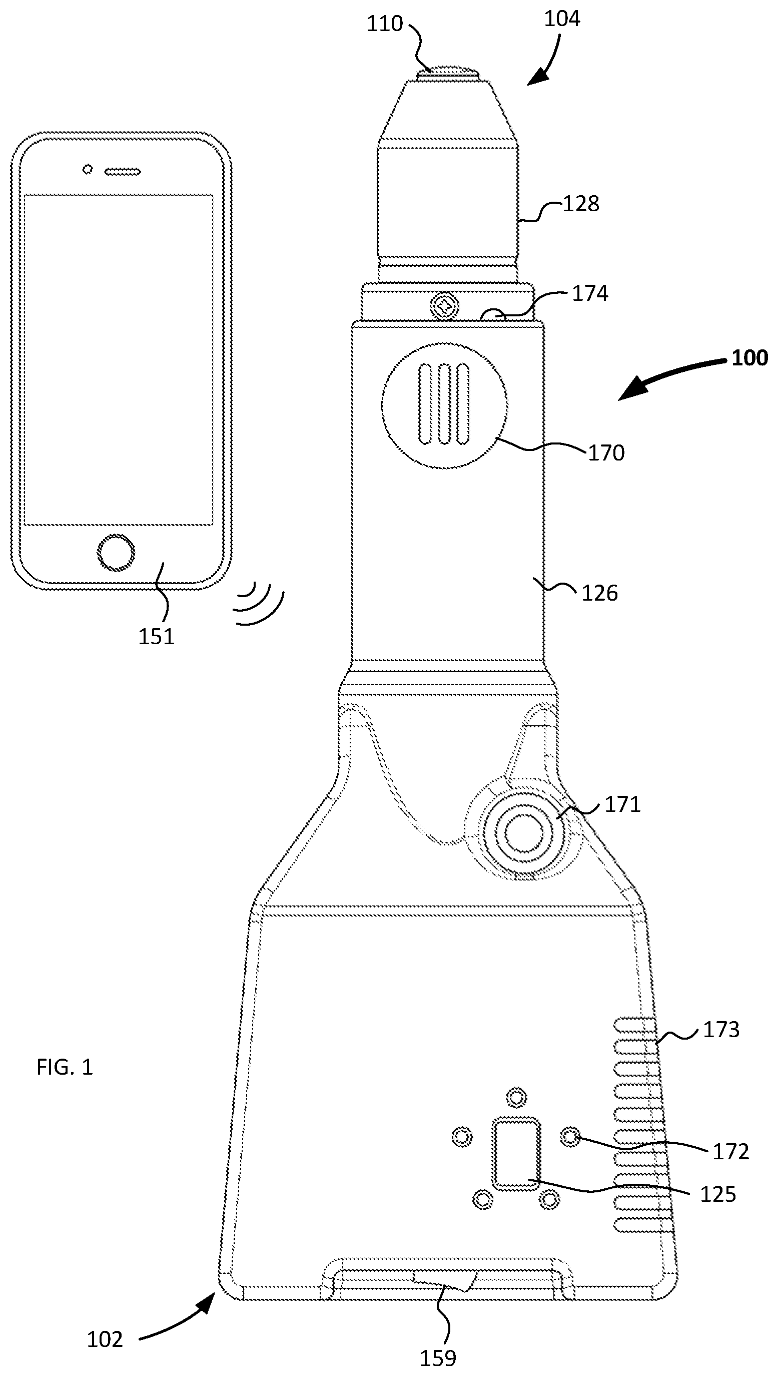 Patent US12157017 Figure 1 – Personal use extracorporeal low intensity shock wave device enhanced user features and functions