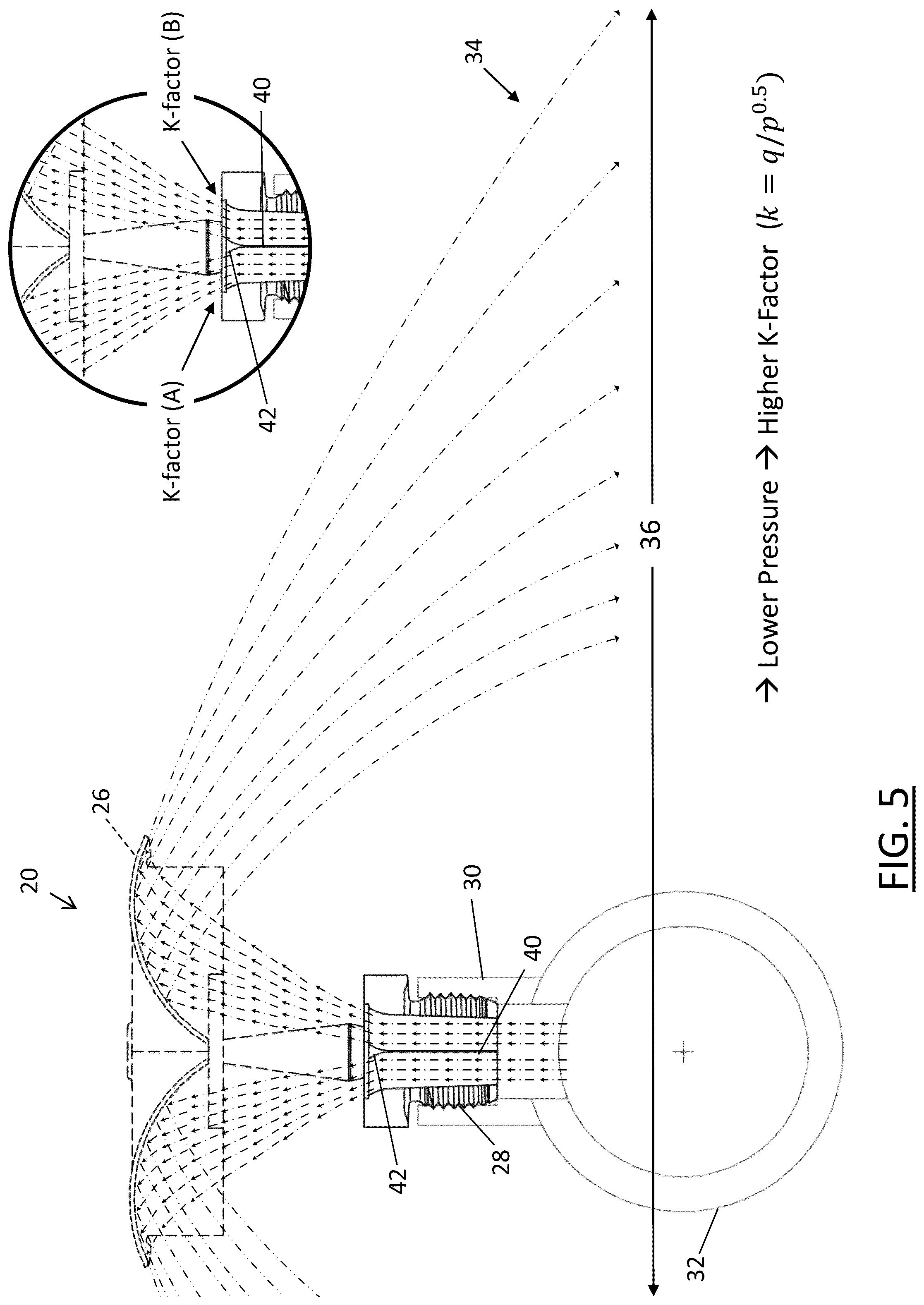 Patent US12157025 Figure 5 – Fire sprinkler with pre-deflector flow splitter