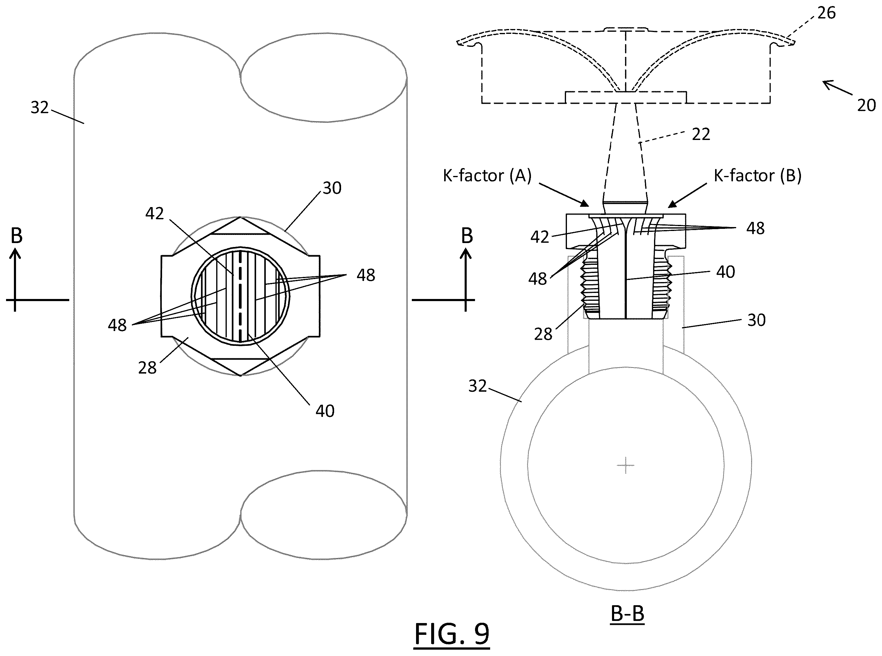 Patent US12157025 Figure 9 – Fire sprinkler with pre-deflector flow splitter
