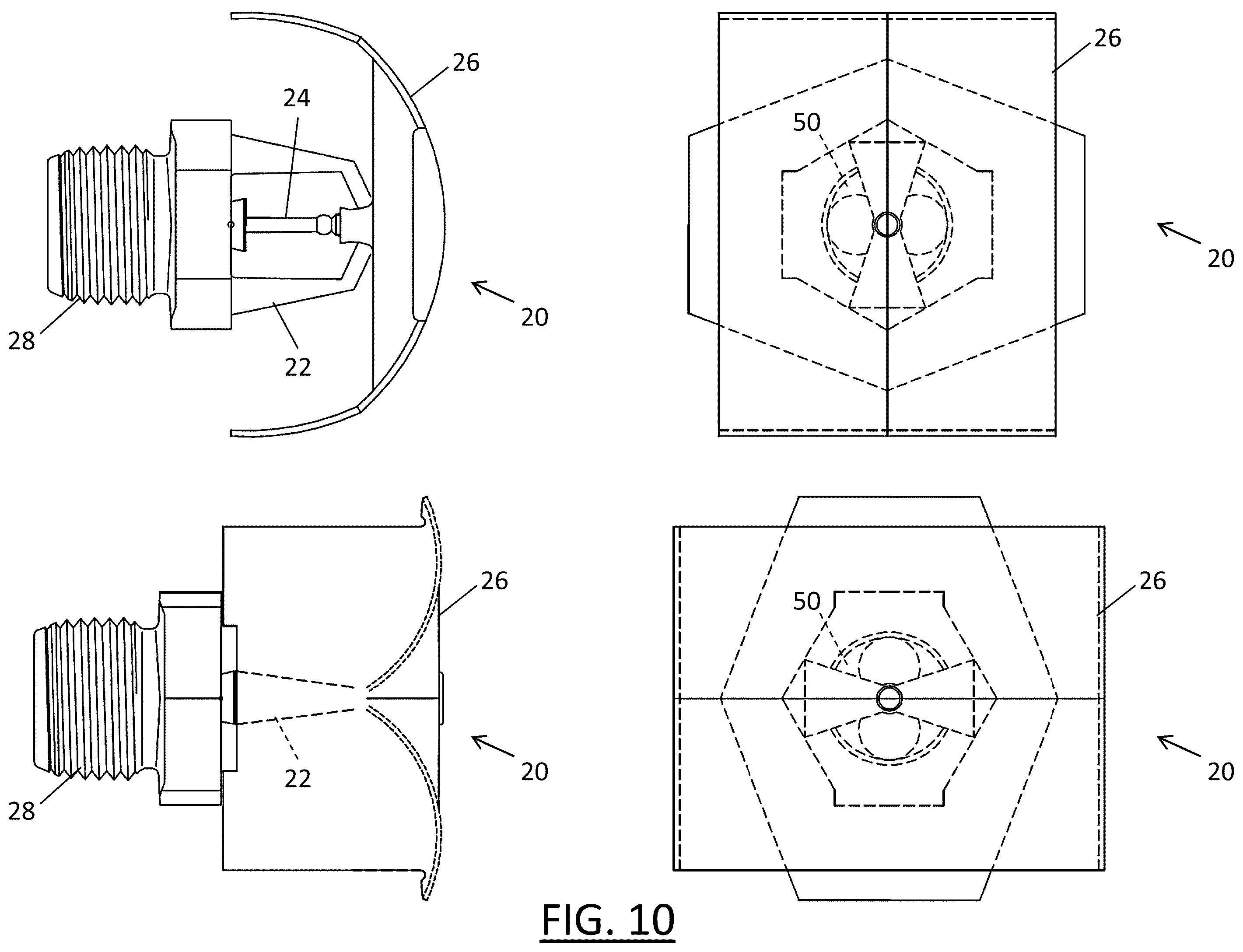 Patent US12157025 Figure 10 – Fire sprinkler with pre-deflector flow splitter