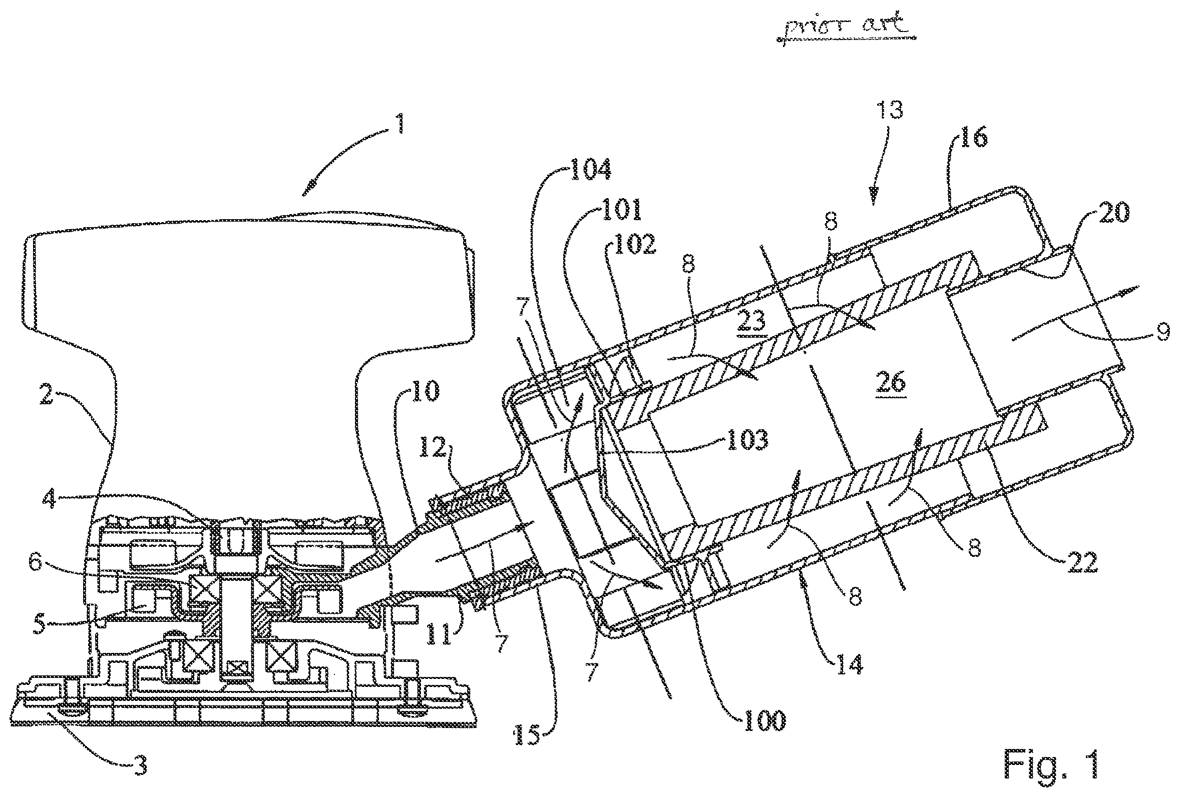 Patent US12157081 Figure 1 – Filter arrangement for filtering dust-laden air generated by a hand-guided power tool and power tool arrangement comprising a hand-guided power tool and such a filter arrangement