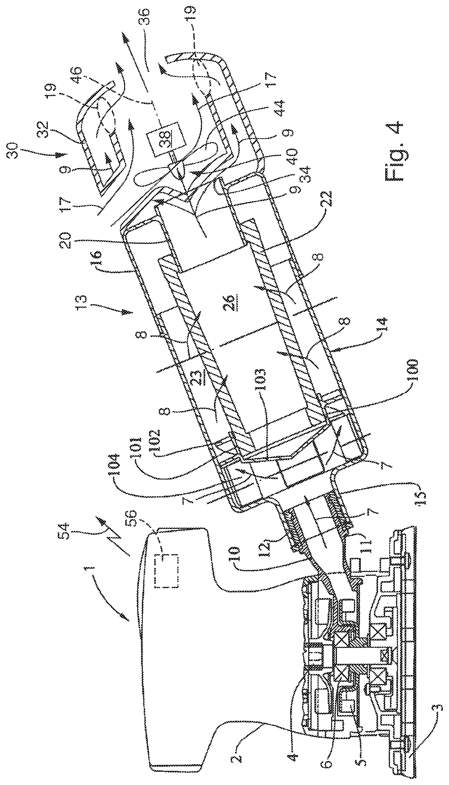 Patent US12157081 Figure 4 – Filter arrangement for filtering dust-laden air generated by a hand-guided power tool and power tool arrangement comprising a hand-guided power tool and such a filter arrangement