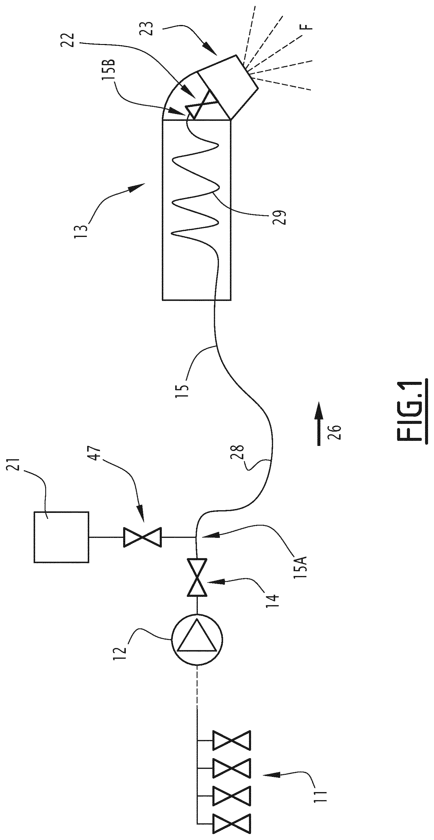 Patent US12157133 Figure 1 – Fluid spraying facility and method for moving an associated fluid