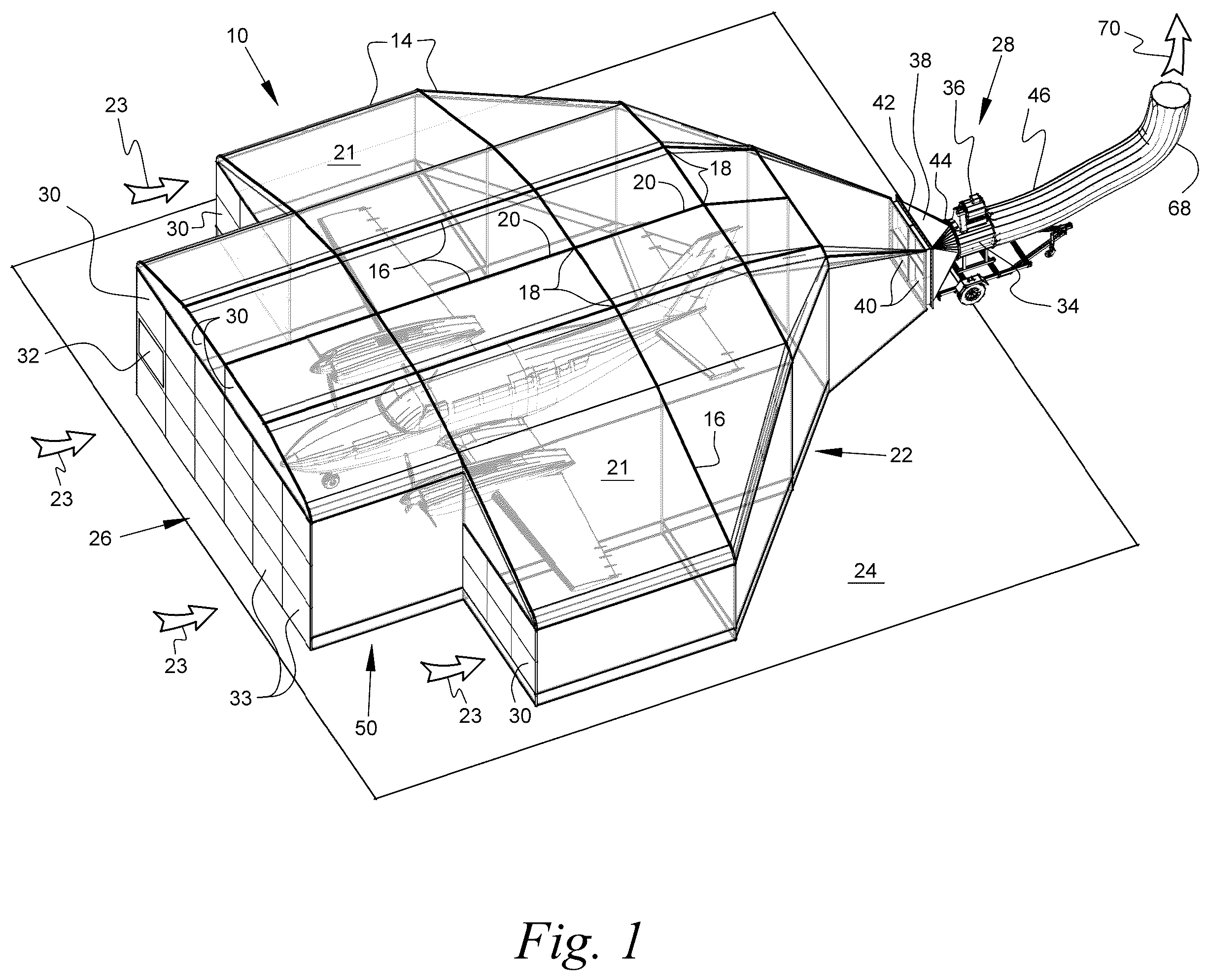 Patent US12157134 Figure 1 – Portable variable volume paint spray enclosure and air scrubber; method for constructing a paint spray enclosure and air scrubber
