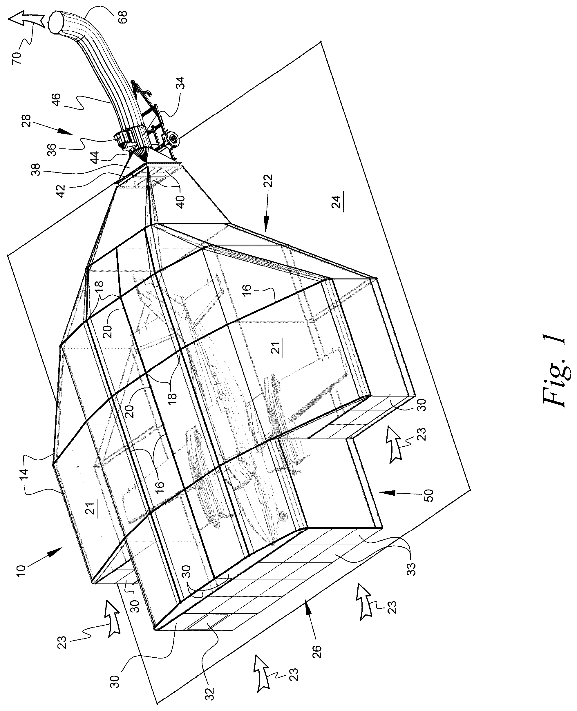 Patent US12157135 Figure 1 – Portable variable volume paint spray enclosure and air scrubber; method for constructing a paint spray enclosure and air scrubber