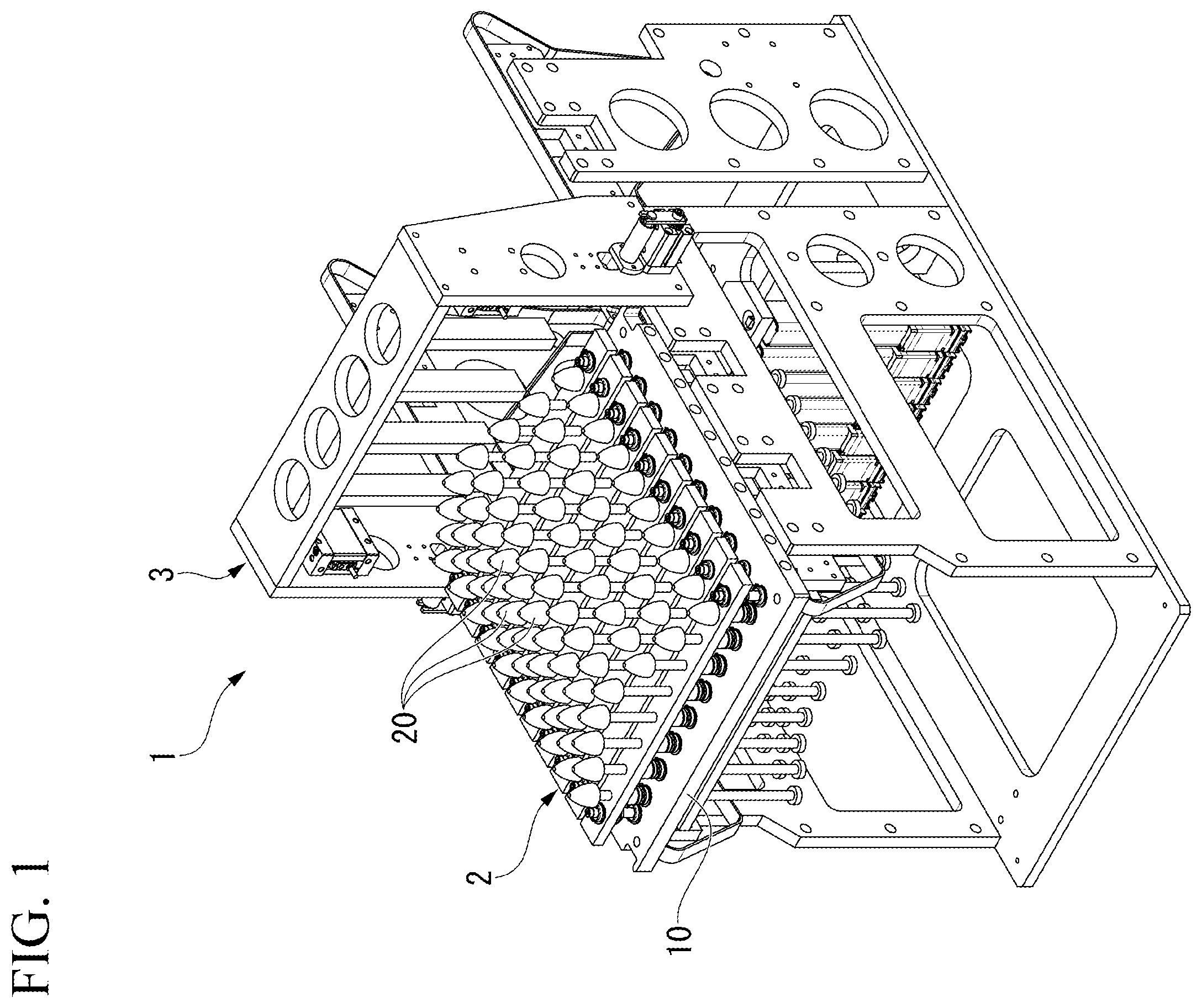Patent US12157193 Figure 1 – Multi-product pallet device, control system for multi-product pallet device, displacement-restricting mechanism, and conforming mechanism