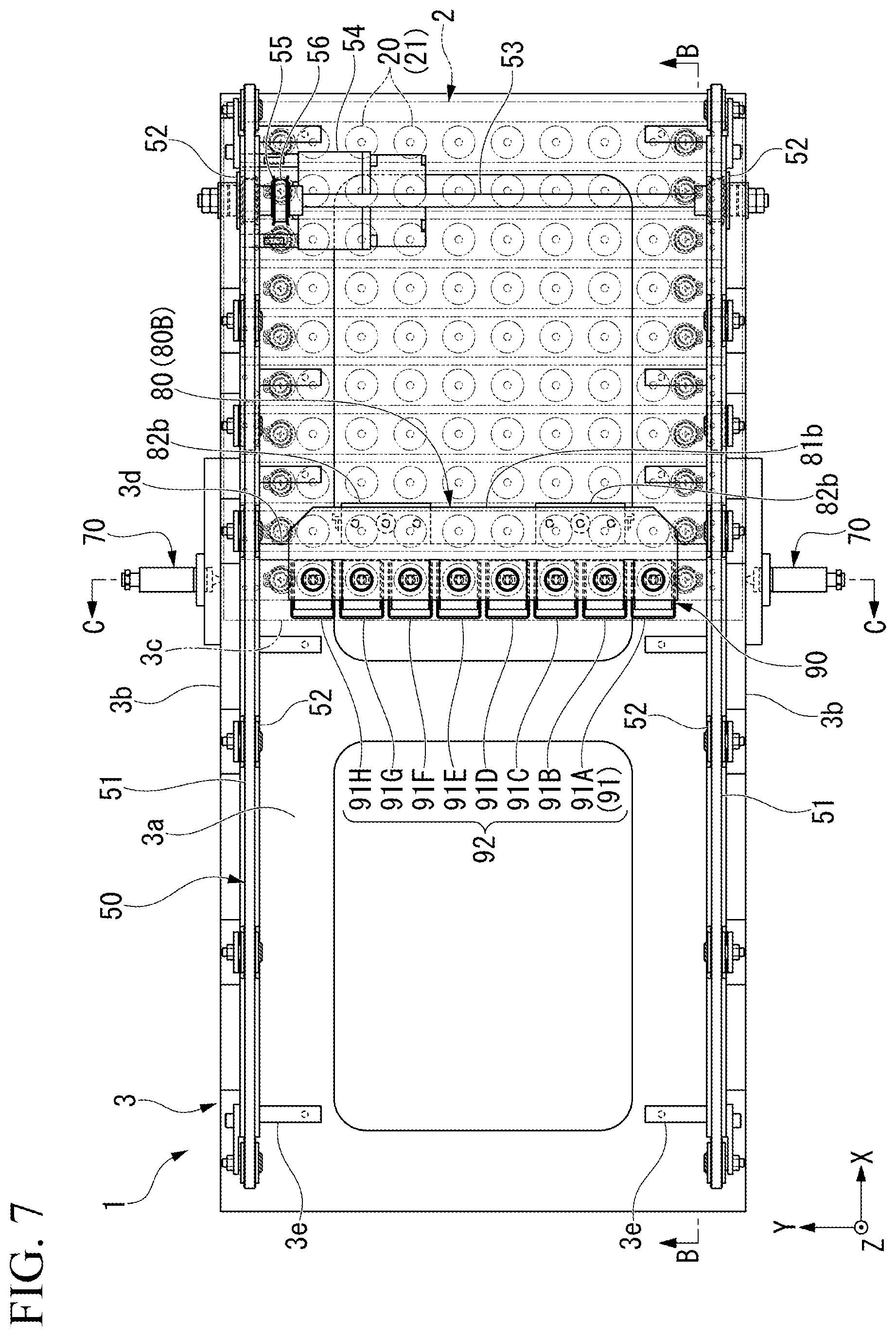 Patent US12157193 Figure 7 – Multi-product pallet device, control system for multi-product pallet device, displacement-restricting mechanism, and conforming mechanism