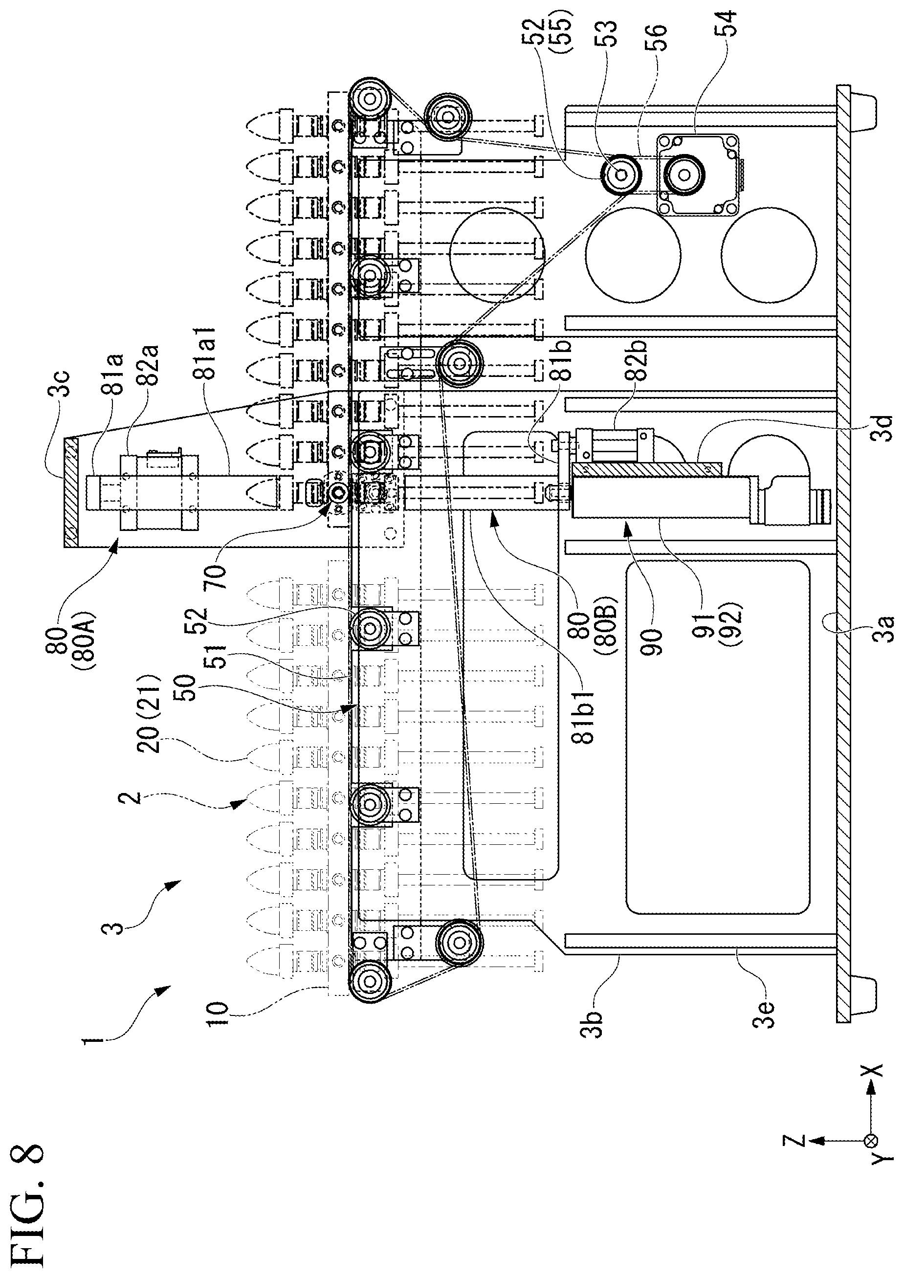Patent US12157193 Figure 8 – Multi-product pallet device, control system for multi-product pallet device, displacement-restricting mechanism, and conforming mechanism