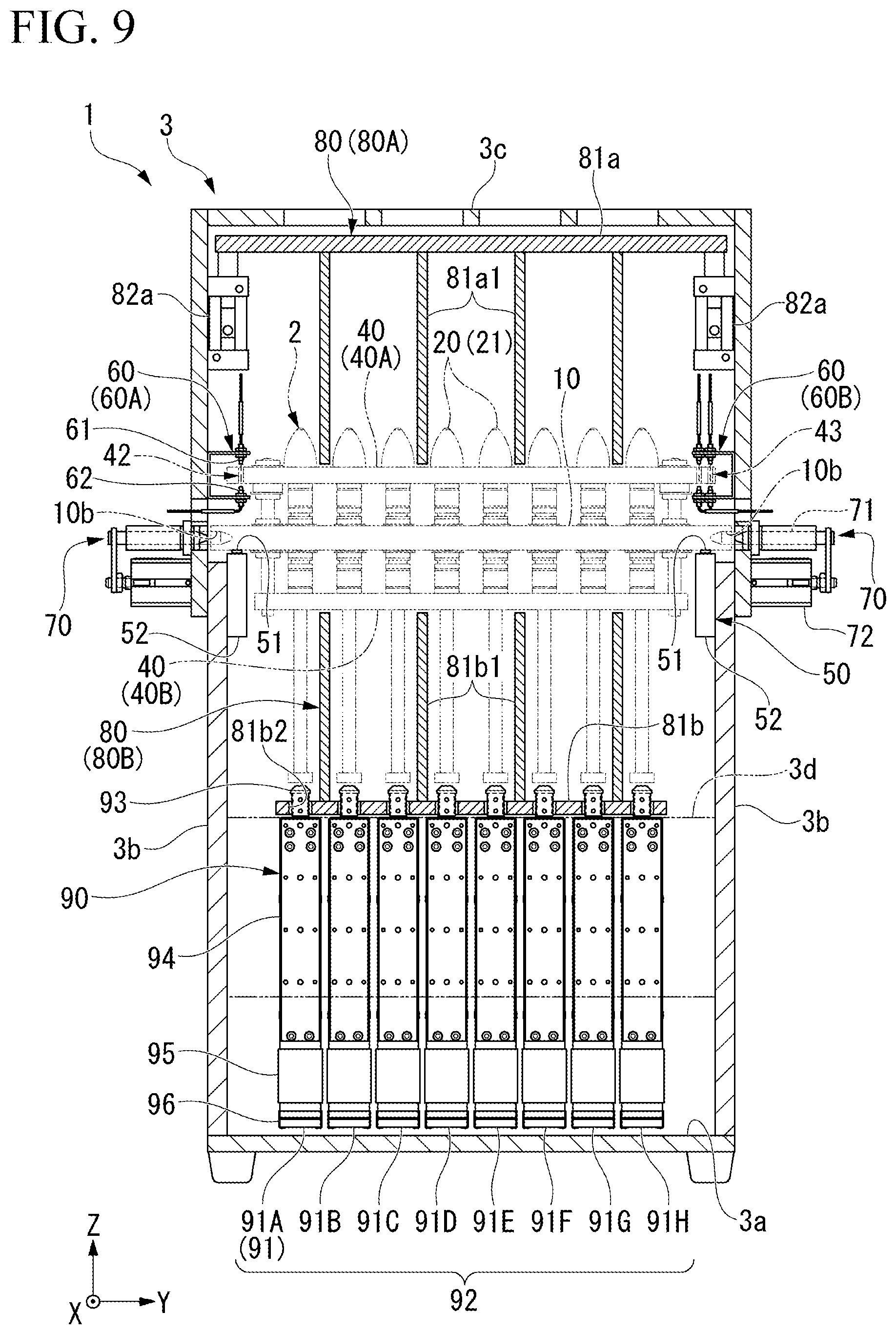 Patent US12157193 Figure 9 – Multi-product pallet device, control system for multi-product pallet device, displacement-restricting mechanism, and conforming mechanism