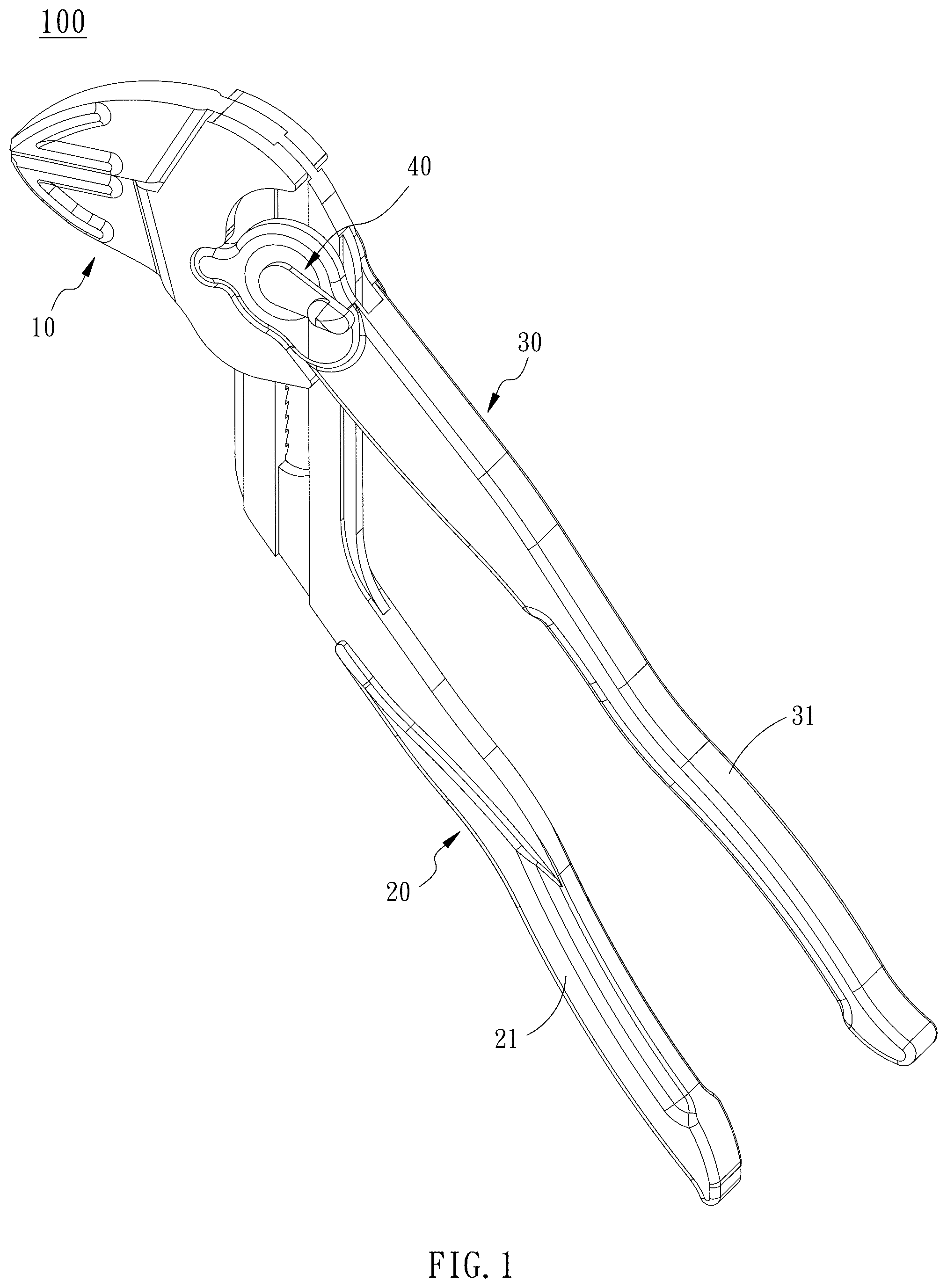 Patent US12157211 Figure 1 – Adjustable pliers with lever type positioning device