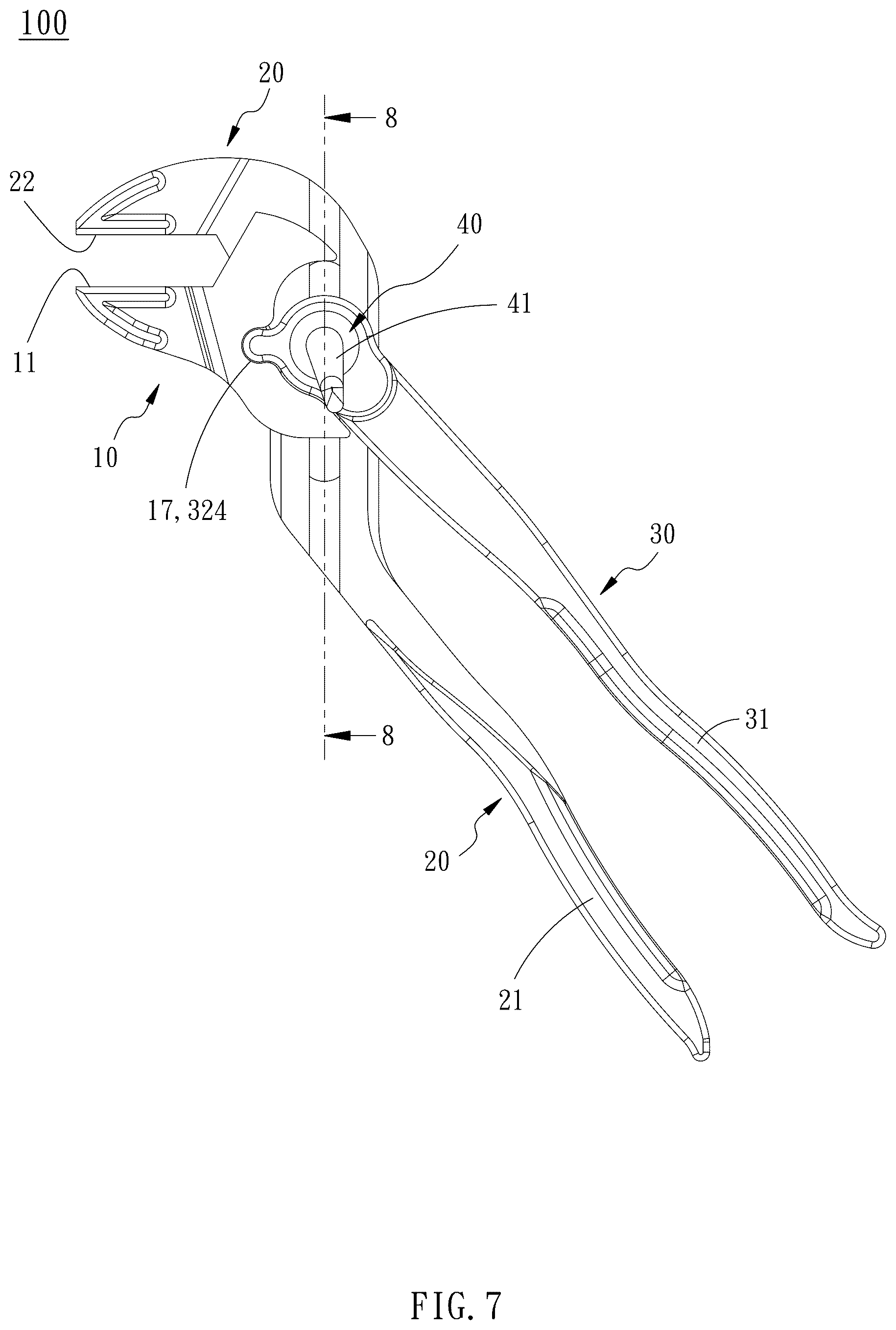 Patent US12157211 Figure 7 – Adjustable pliers with lever type positioning device