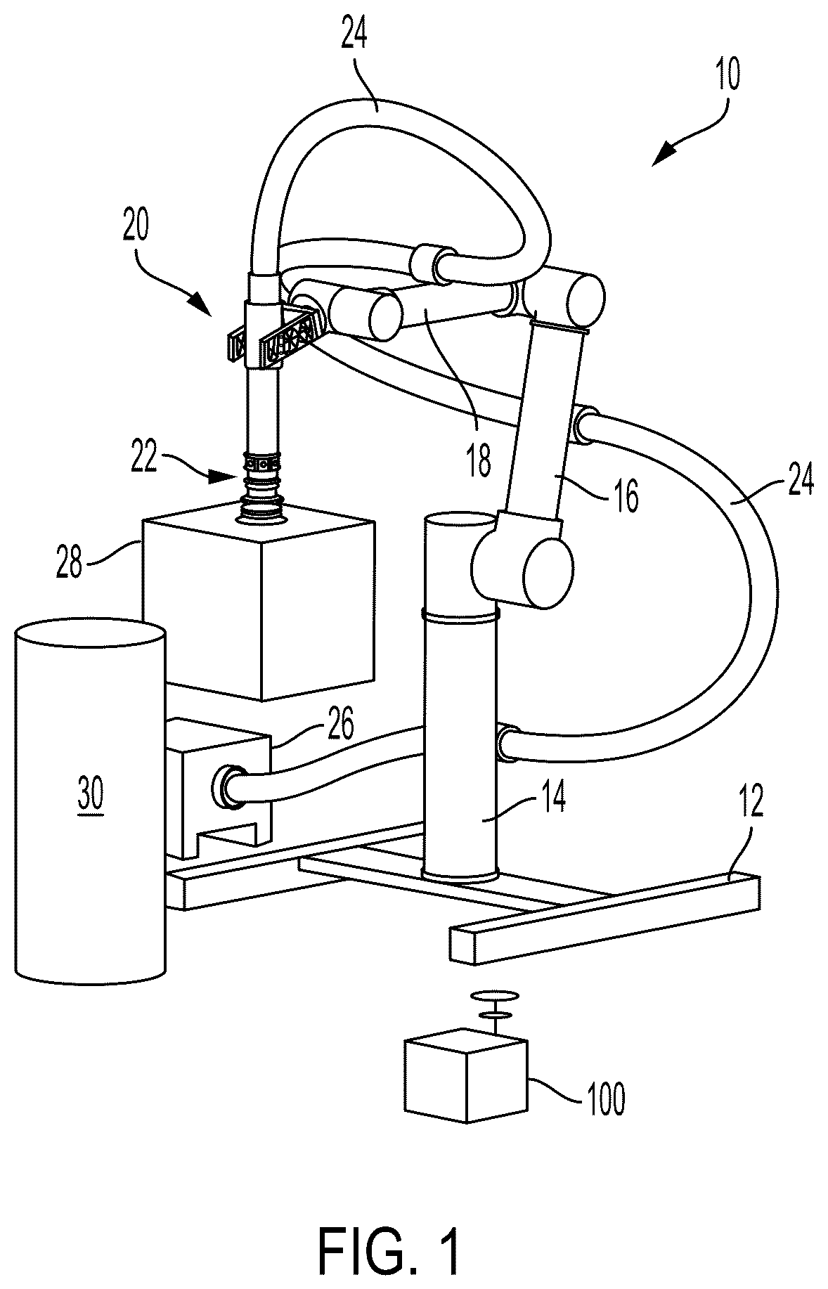 Patent US12157223 Figure 1 – Systems and methods for disrupting resonance in vacuum cup assemblies used with programmable motion devices