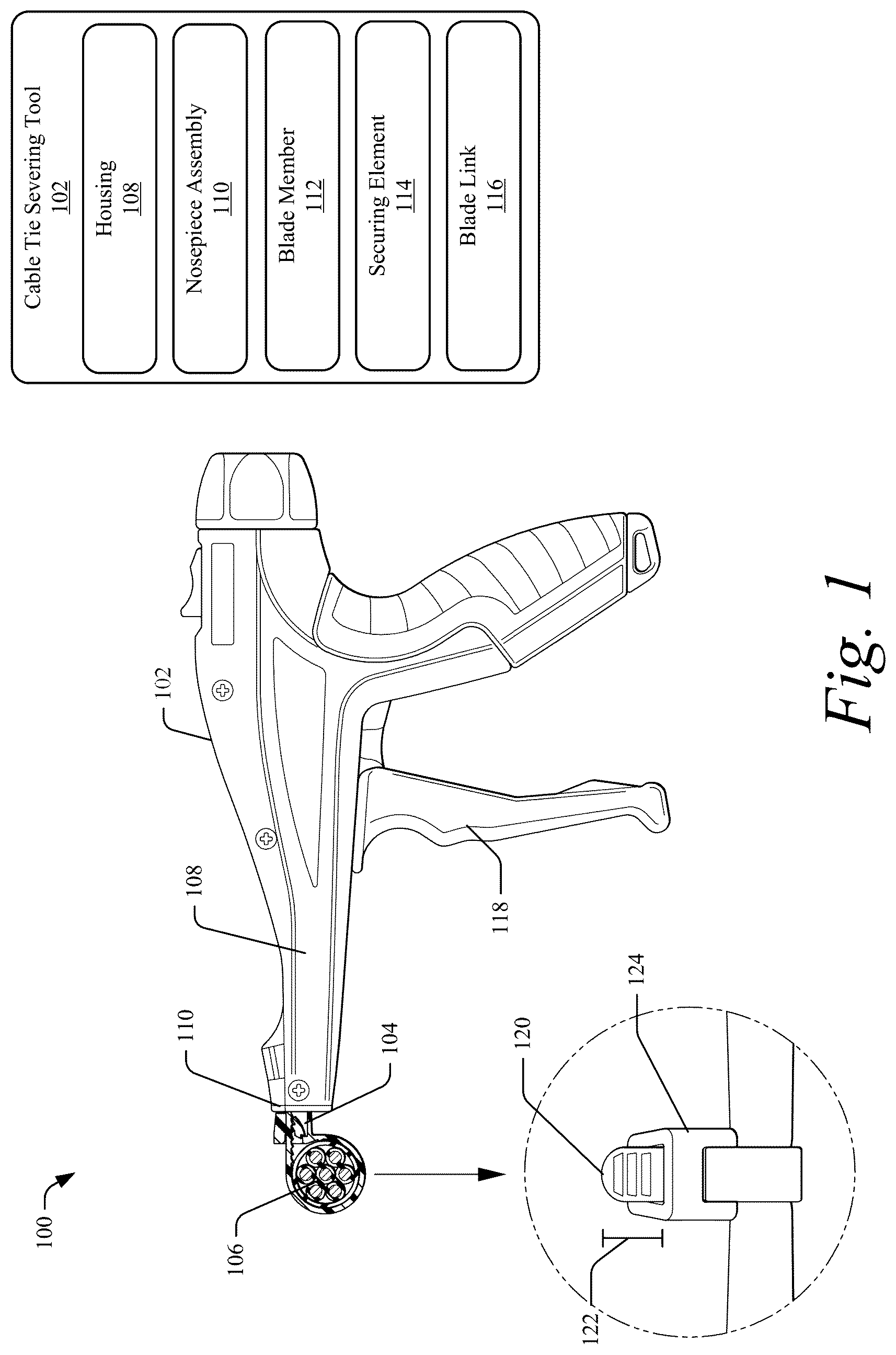 Patent US12157240 Figure 1 – Severing a cable tie with a rounded cut