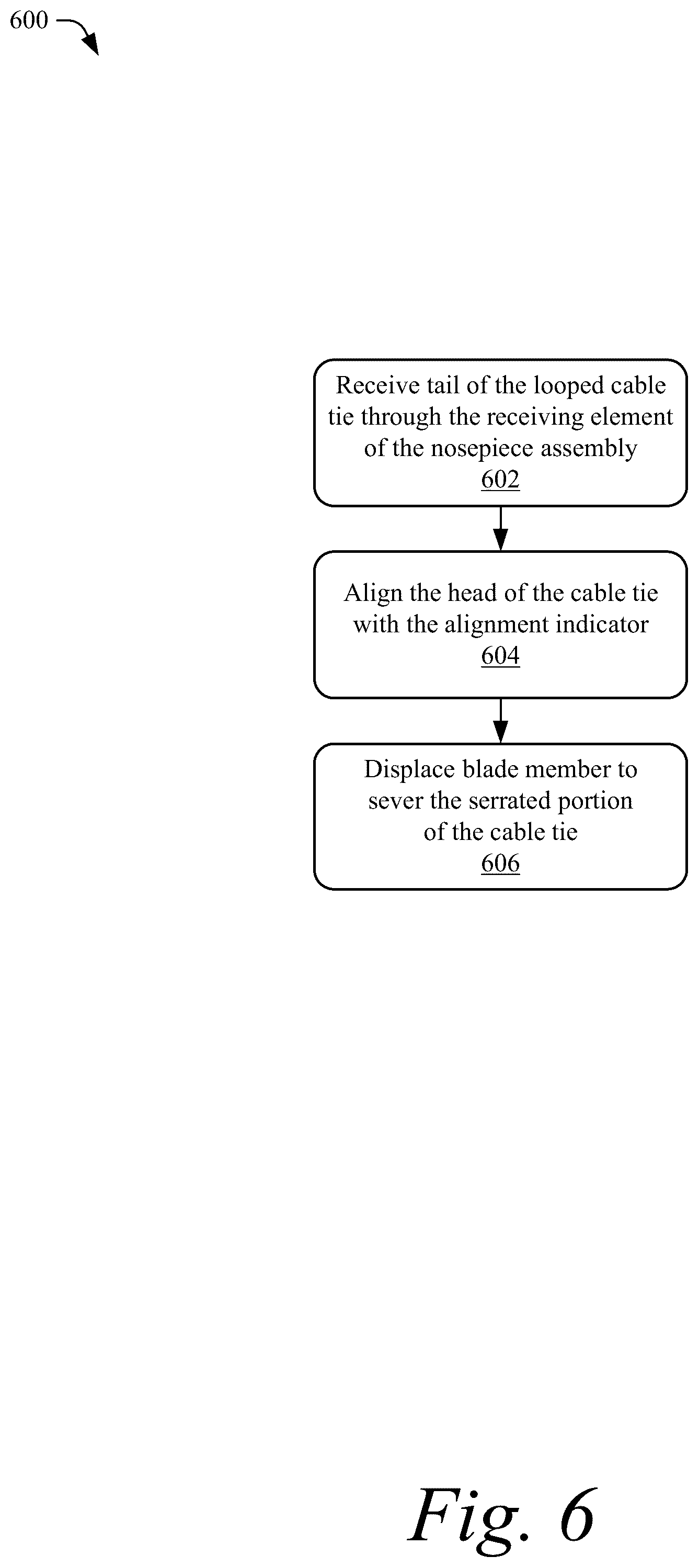 Patent US12157240 Figure 6 – Severing a cable tie with a rounded cut