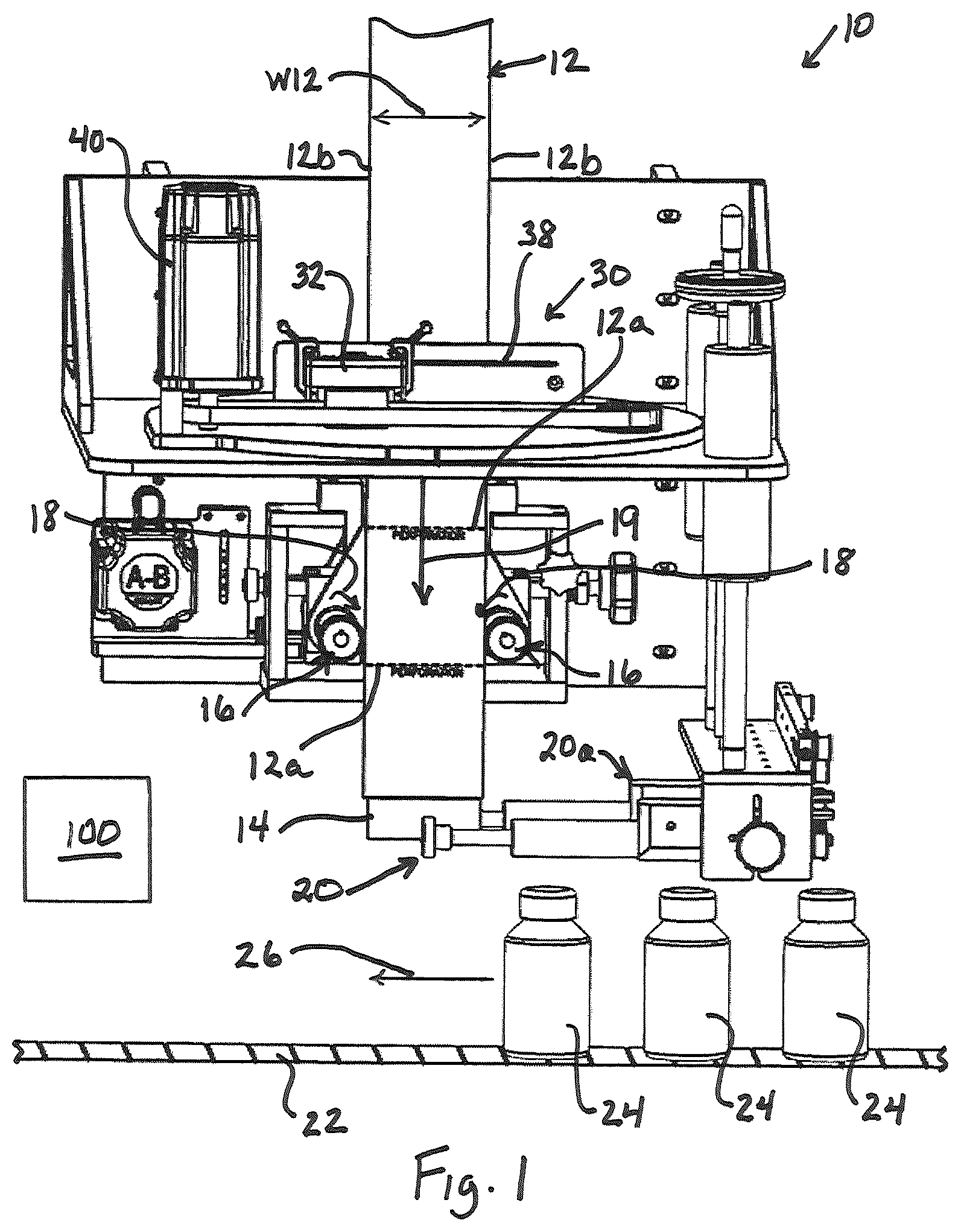 Patent US12157246 Figure 1 – Machine and method for applying tubular shrink sleeve material to objects