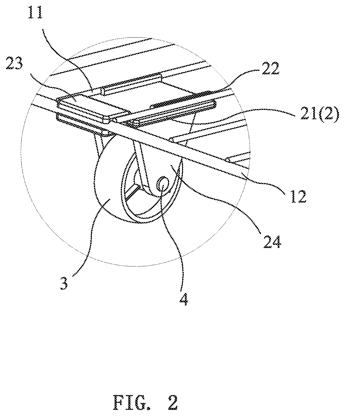 Patent US12157334 Figure 2 – Caster wheel bracket, caster and movable container