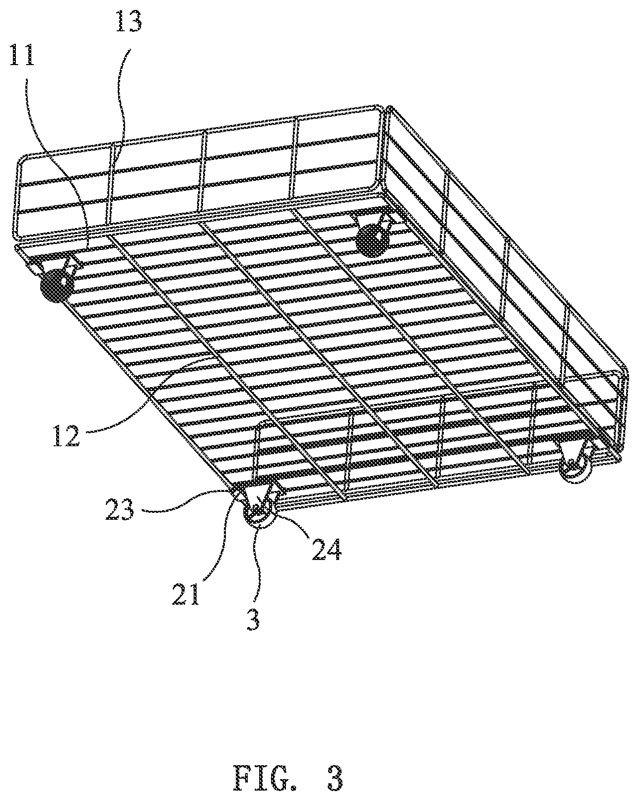 Patent US12157334 Figure 3 – Caster wheel bracket, caster and movable container