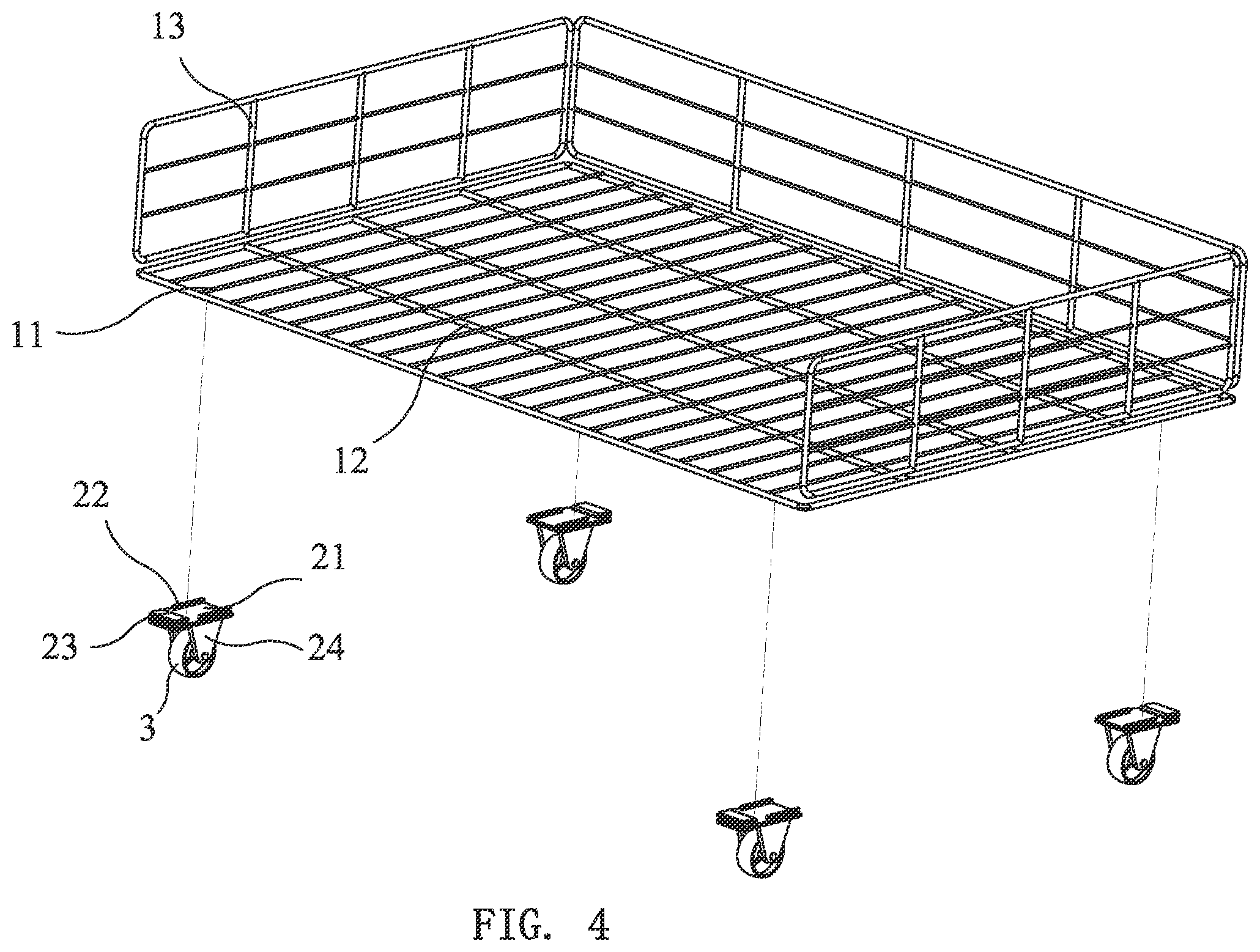 Patent US12157334 Figure 4 – Caster wheel bracket, caster and movable container