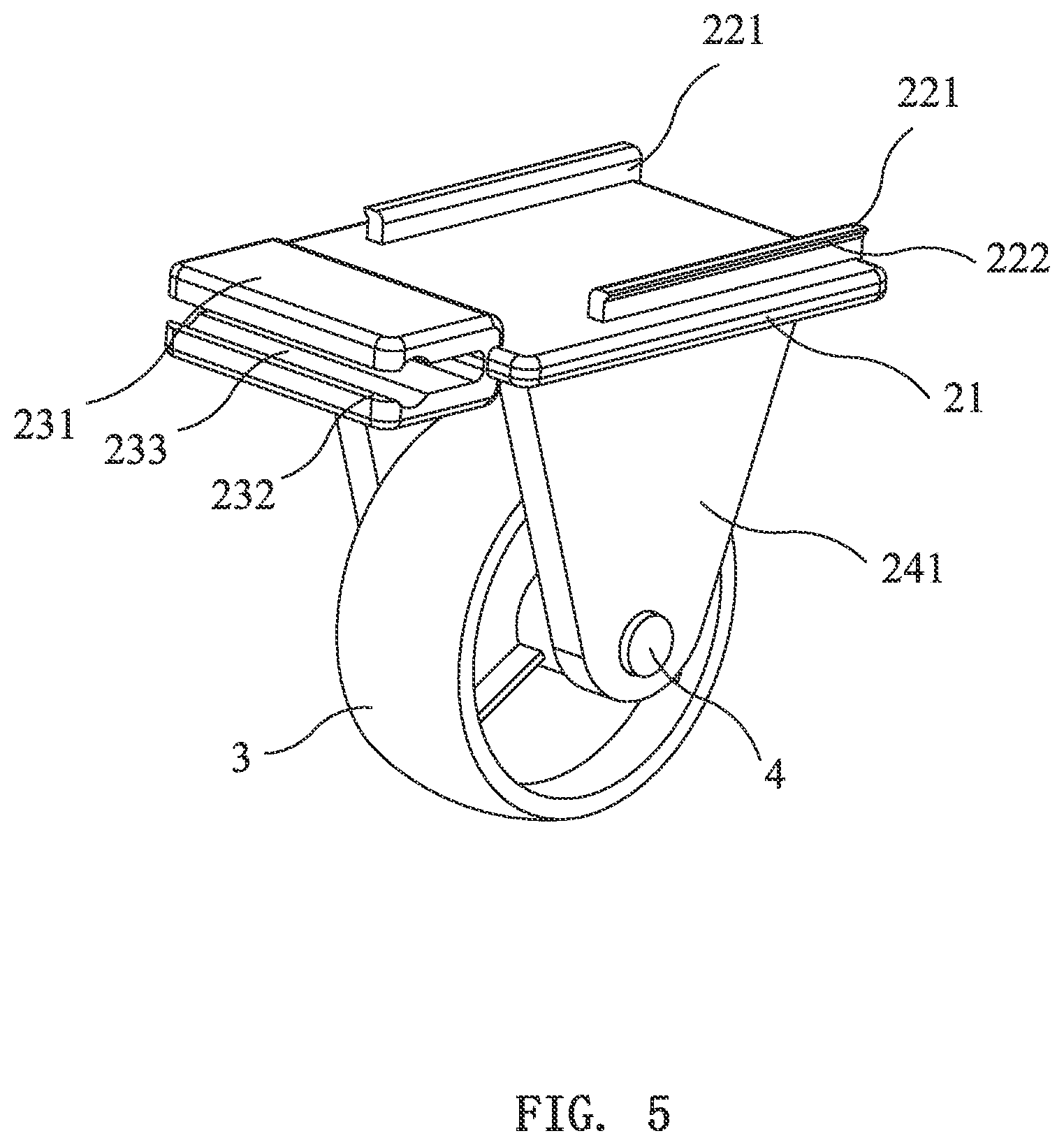 Patent US12157334 Figure 5 – Caster wheel bracket, caster and movable container
