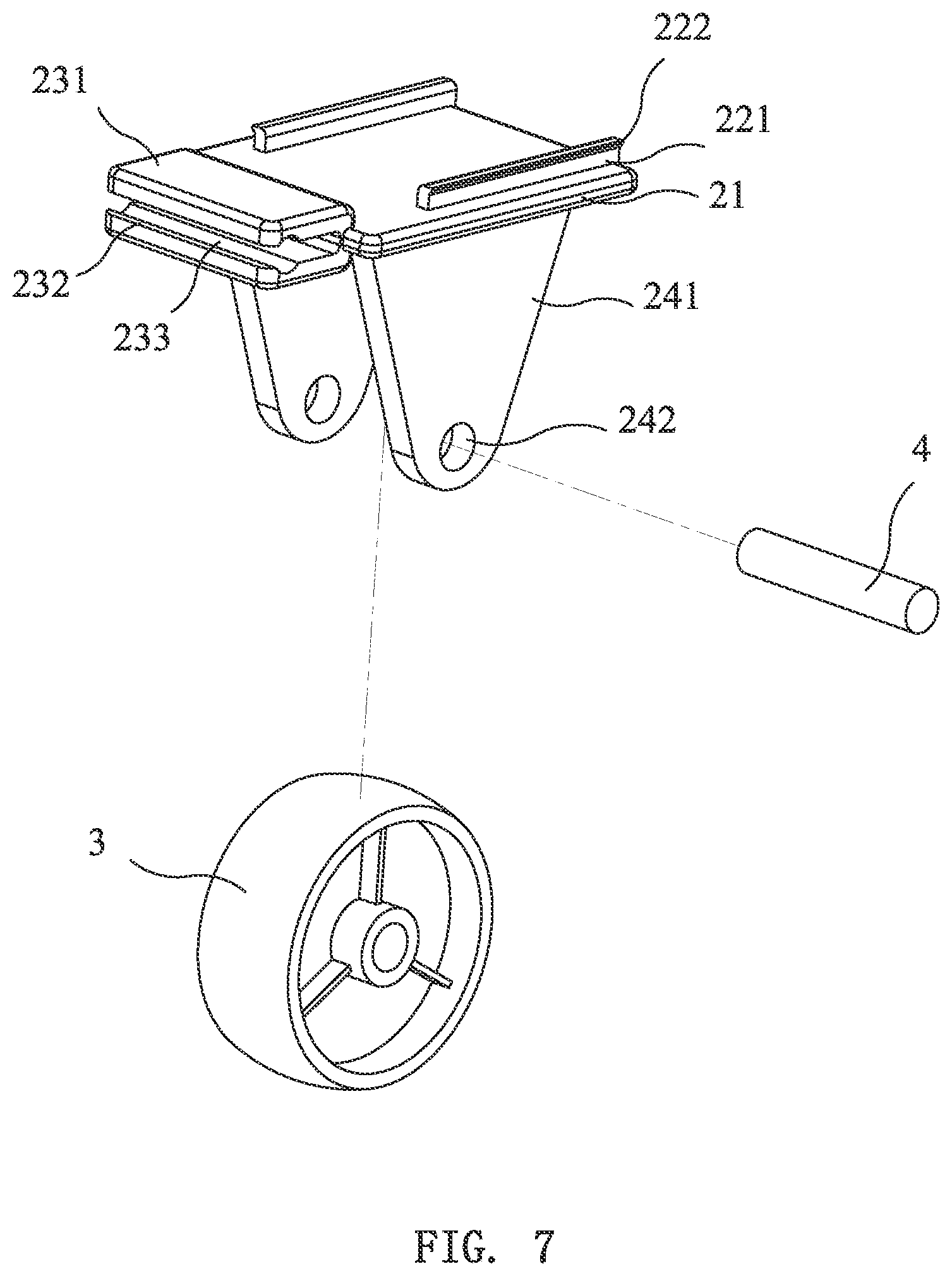 Patent US12157334 Figure 7 – Caster wheel bracket, caster and movable container
