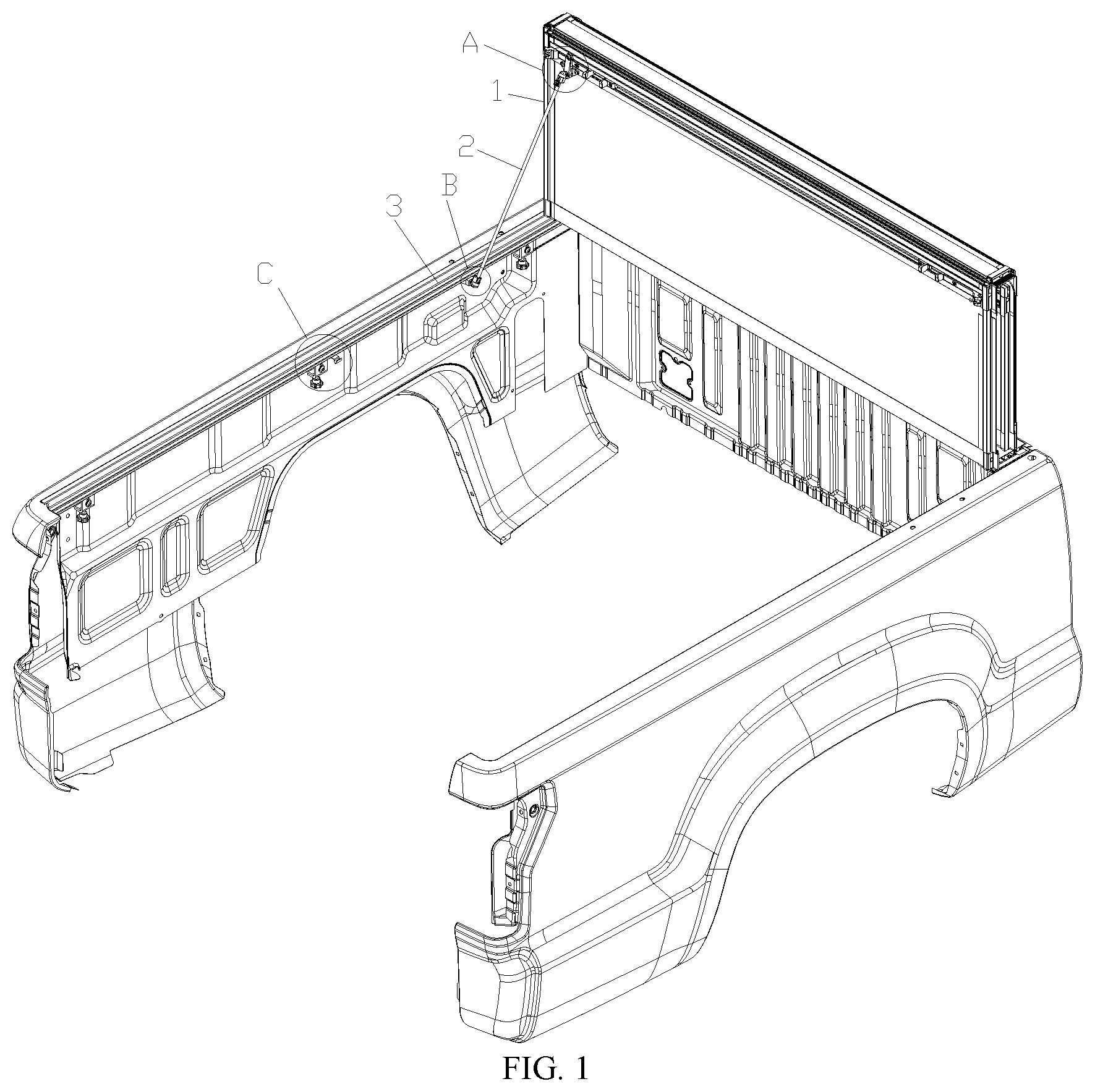 Patent US12157356 Figure 1 – Mounting structure for pickup bed cover