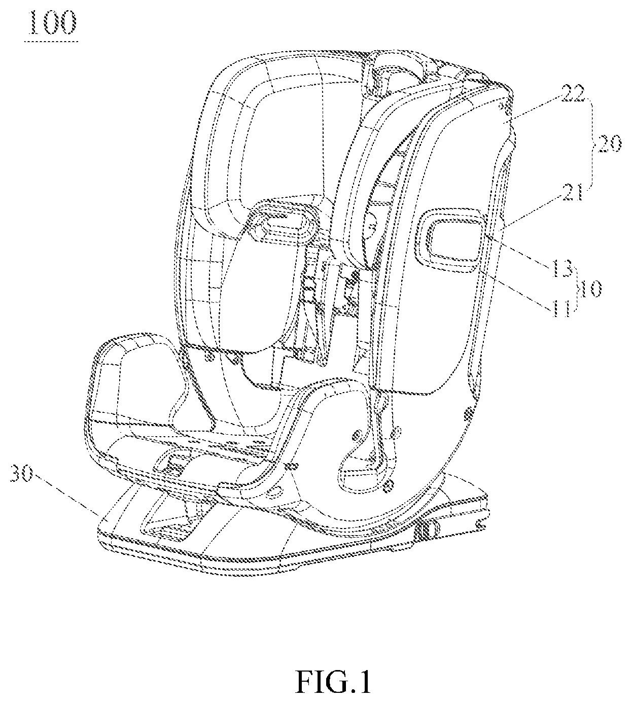 Patent US12157404 Figure 1 – Child safety seat and side impact protection device thereof