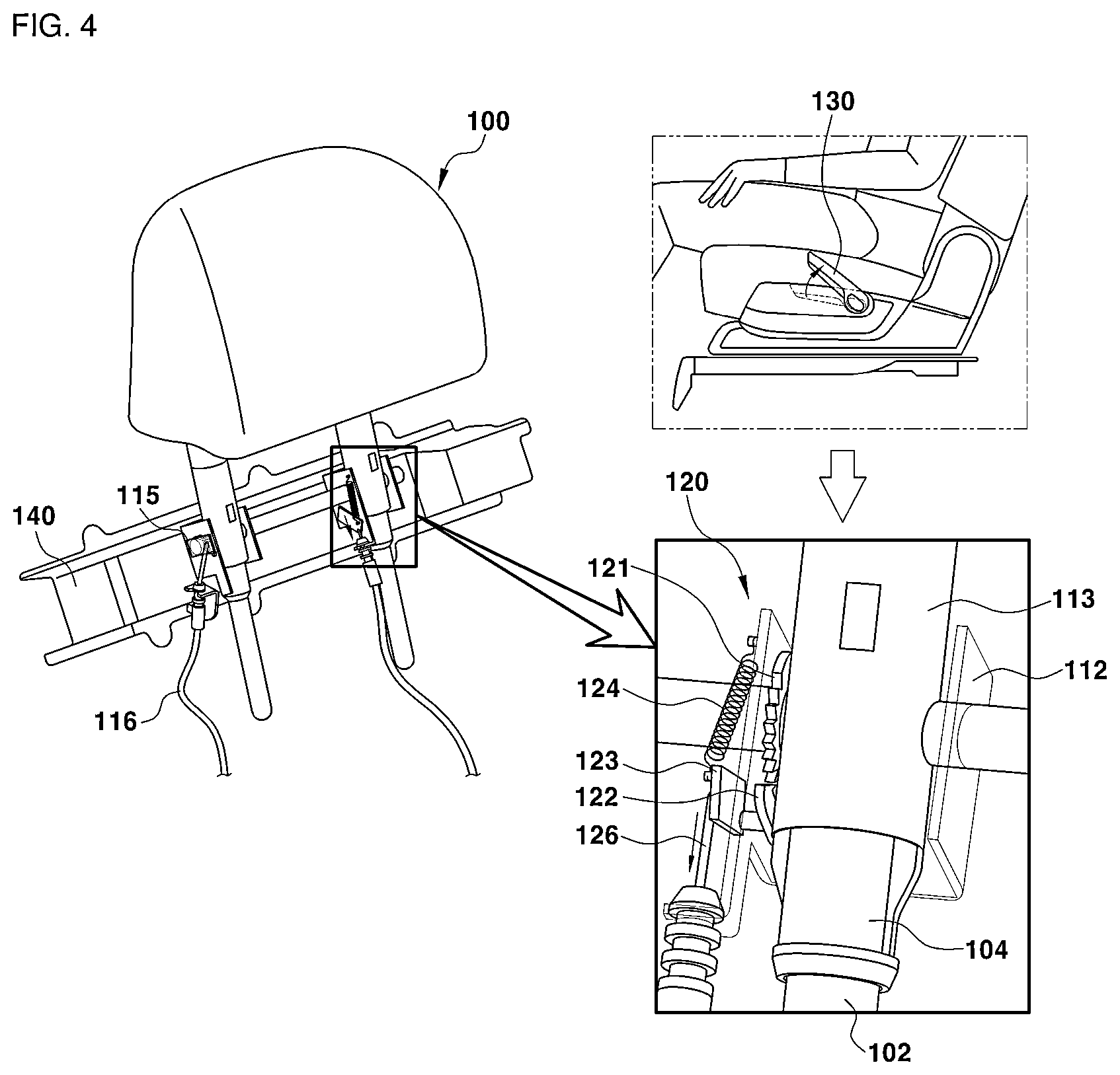 Patent US12157407 Figure 4 – Apparatus for rotating a headrest of a vehicle seat