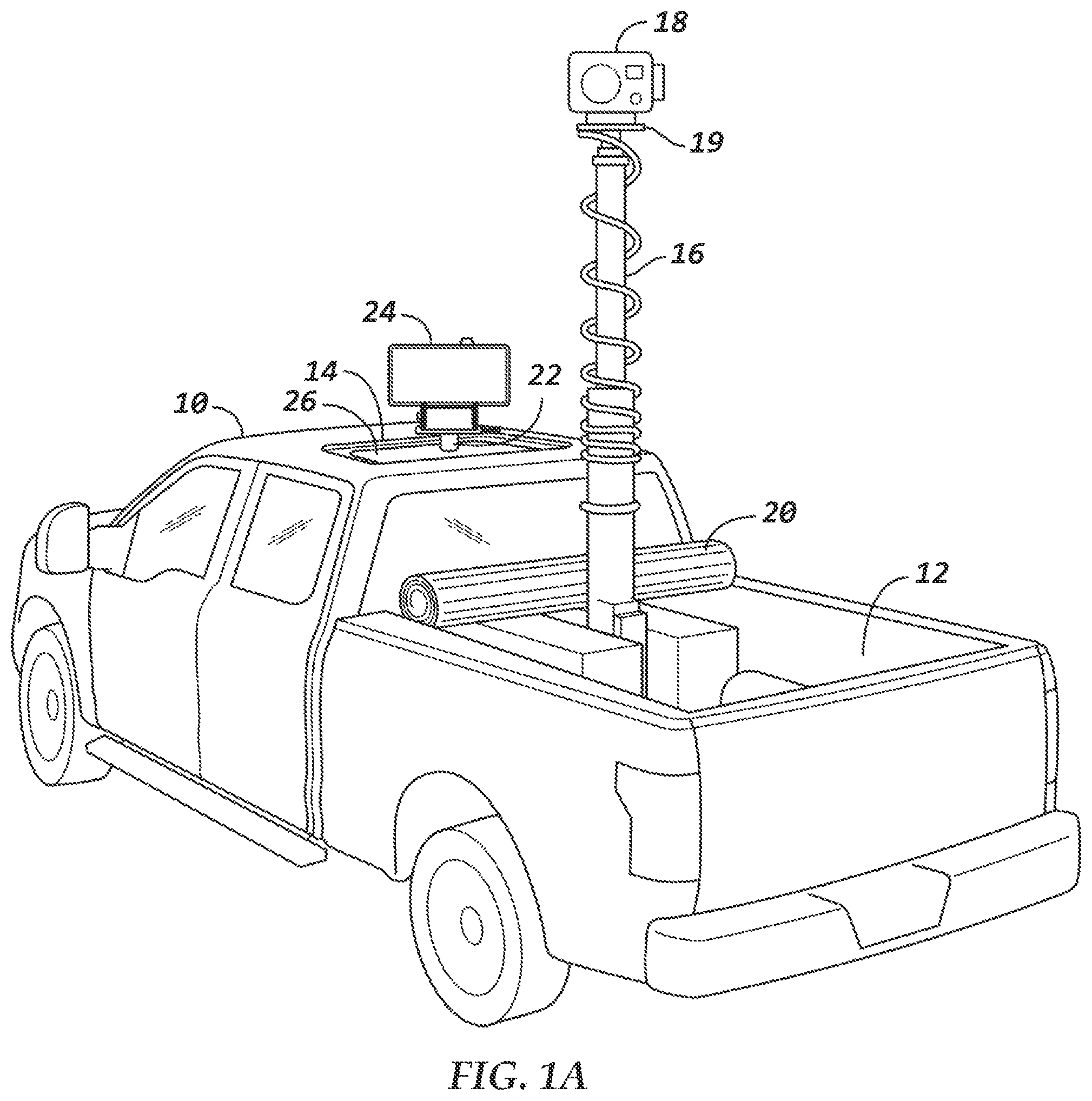 Patent US12157422 Figure 1 – Surveillance platform having a retractable telescoping structure that fully retracts within a vehicle and which has surveillance equipment mounted thereon, and sealing device mounted to the telescoping structure