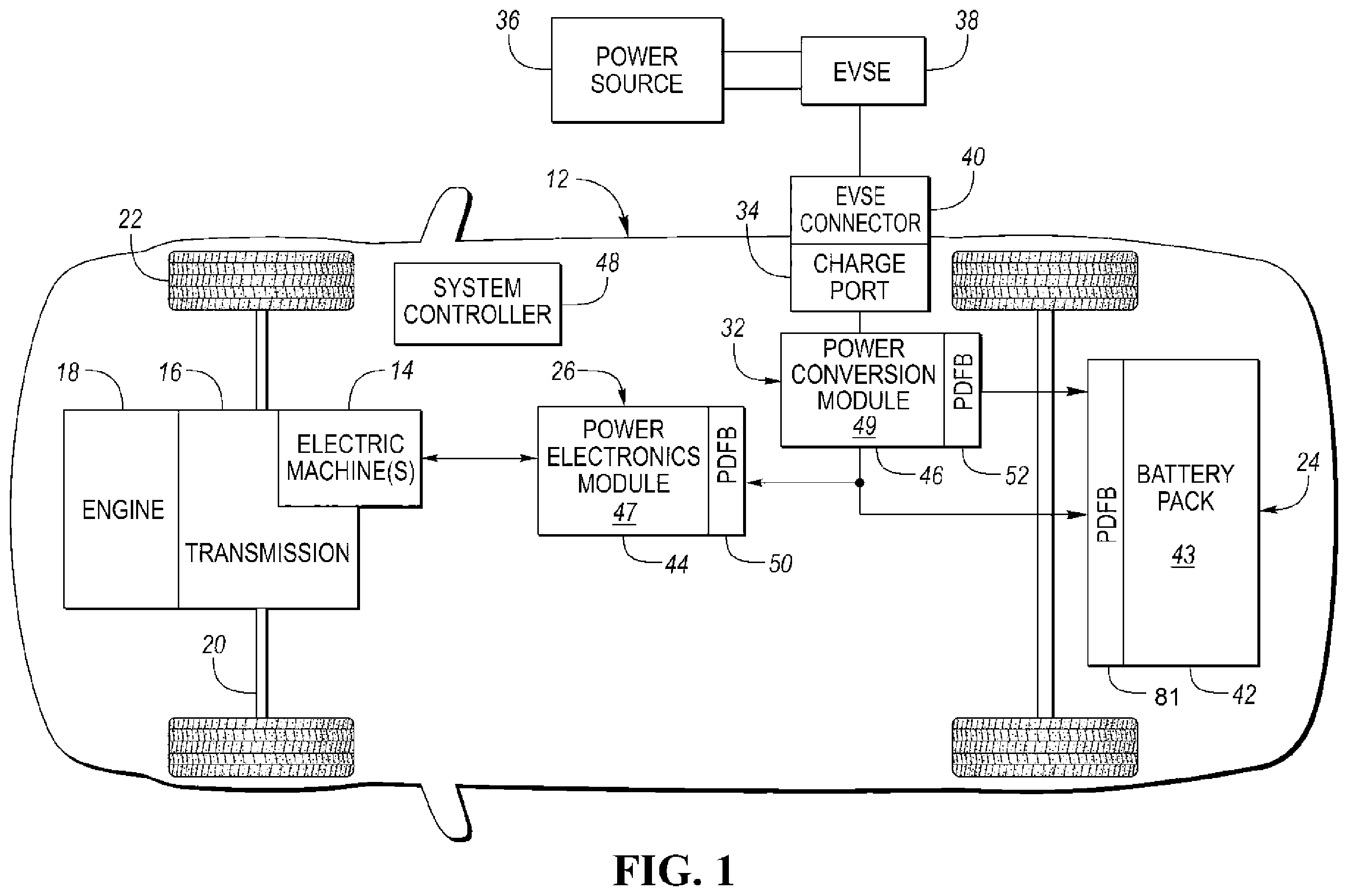 Patent US12157424 — Electrified vehicle traction powertrain module having externally integrated fuse box — Figure 1