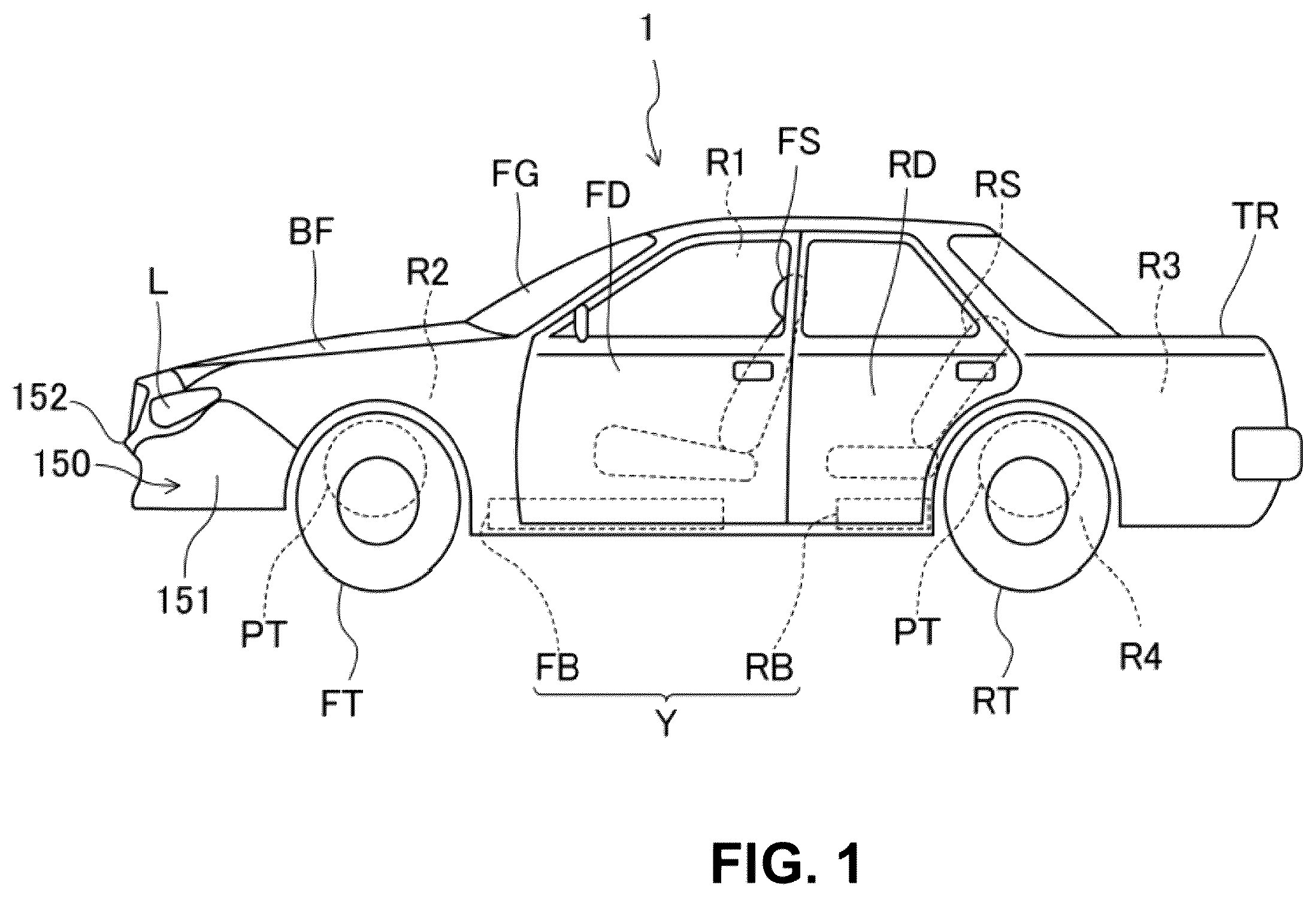 Patent US12157425 Figure 1 – Vehicle-body front structure having a front portion to protect pedestrians in a collision