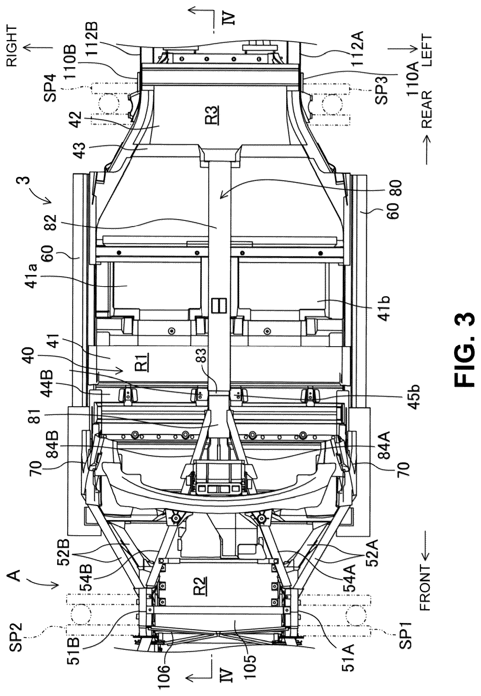 Patent US12157425 Figure 3 – Vehicle-body front structure having a front portion to protect pedestrians in a collision