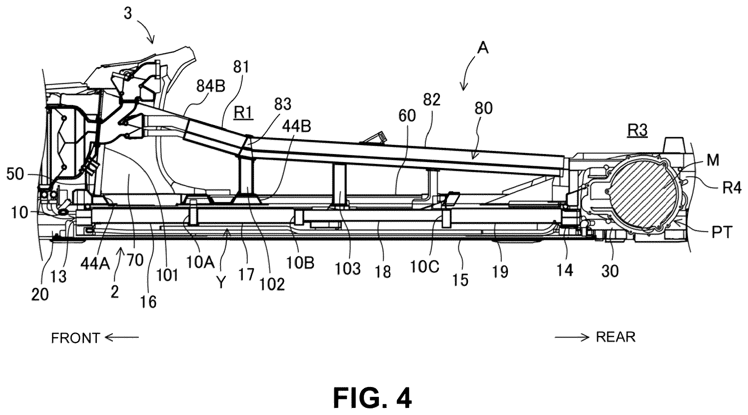 Patent US12157425 Figure 4 – Vehicle-body front structure having a front portion to protect pedestrians in a collision