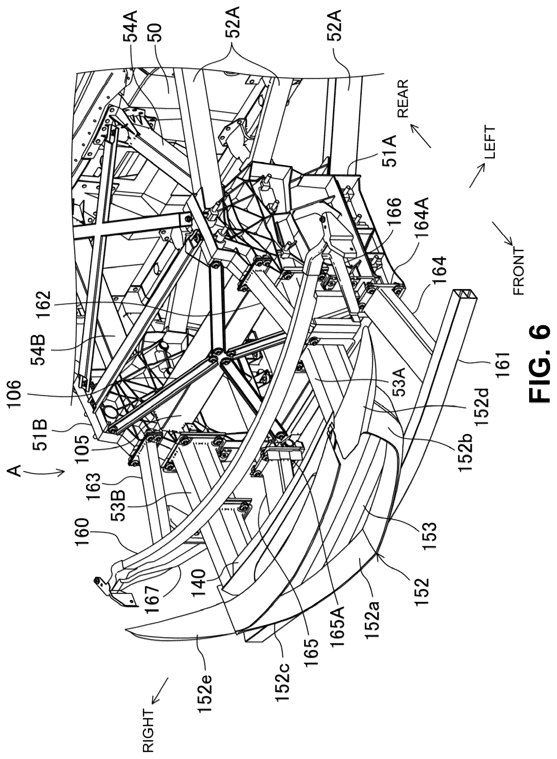 Patent US12157425 Figure 6 – Vehicle-body front structure having a front portion to protect pedestrians in a collision