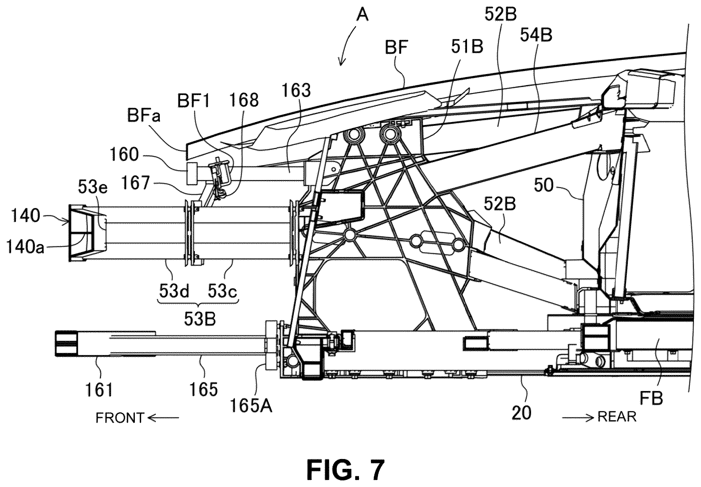 Patent US12157425 Figure 7 – Vehicle-body front structure having a front portion to protect pedestrians in a collision