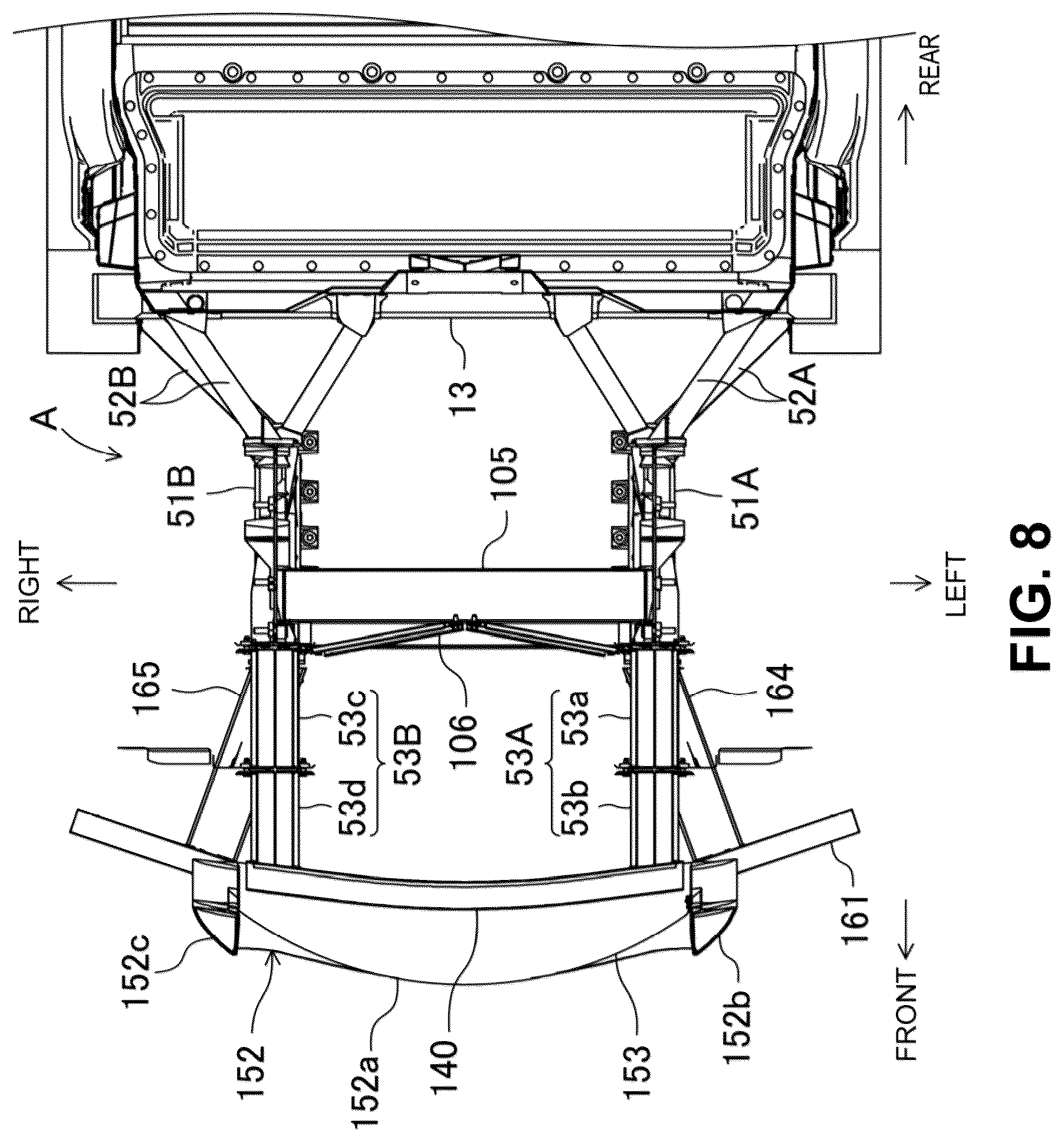 Patent US12157425 Figure 8 – Vehicle-body front structure having a front portion to protect pedestrians in a collision
