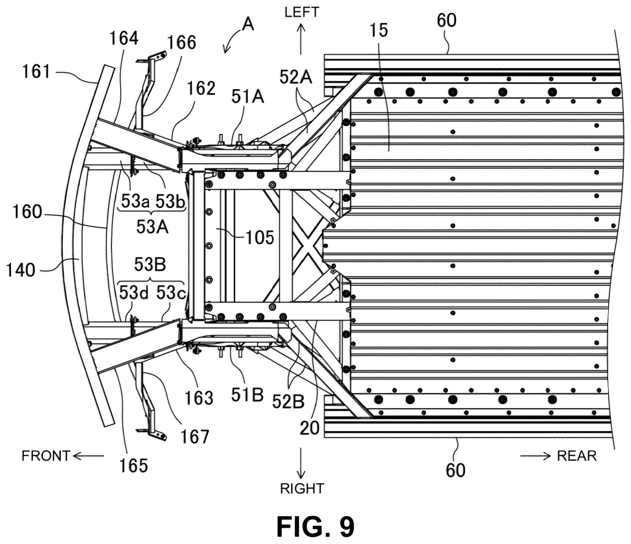 Patent US12157425 Figure 9 – Vehicle-body front structure having a front portion to protect pedestrians in a collision